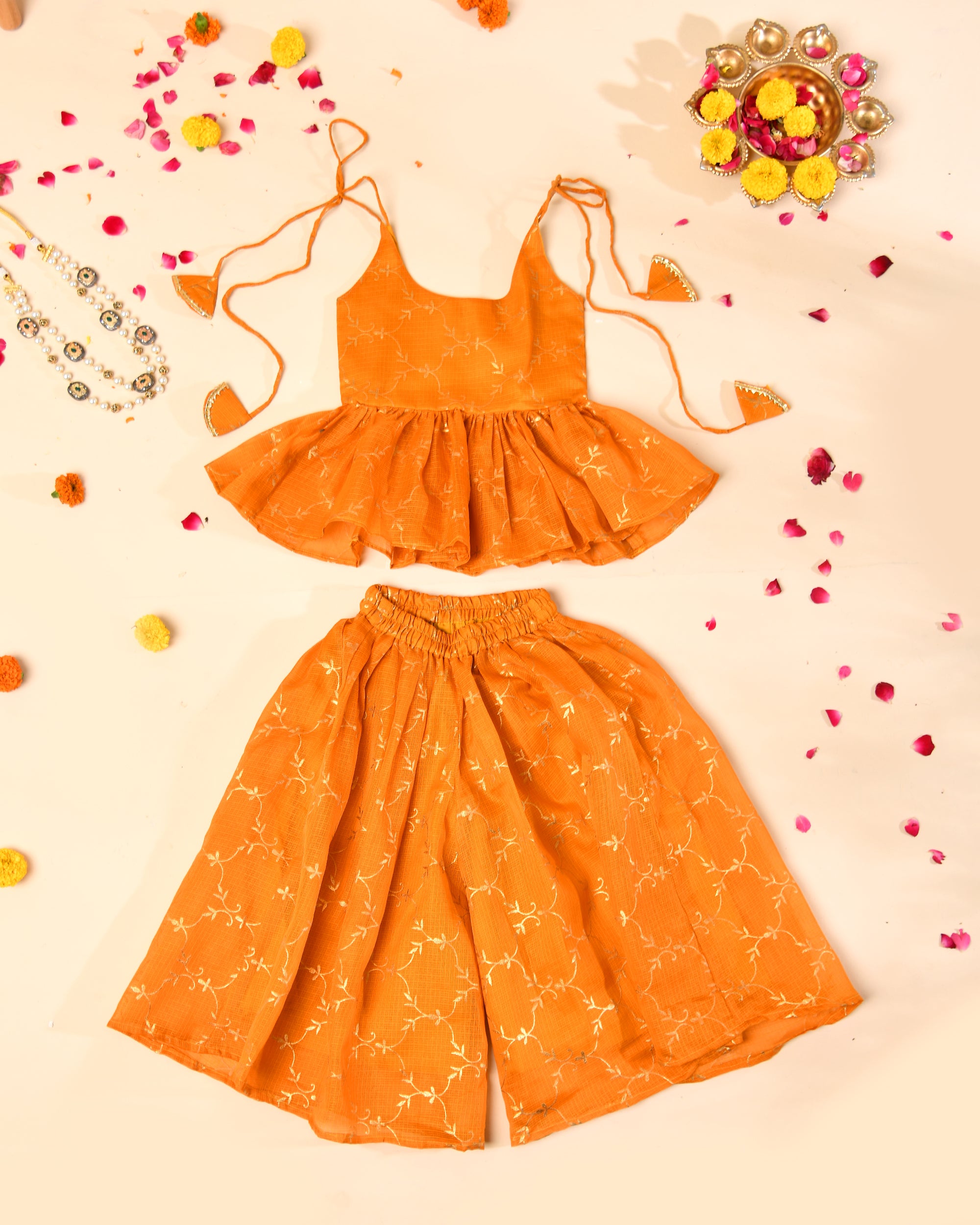Girls Mustard Kota Hand Block Print Kurta Set