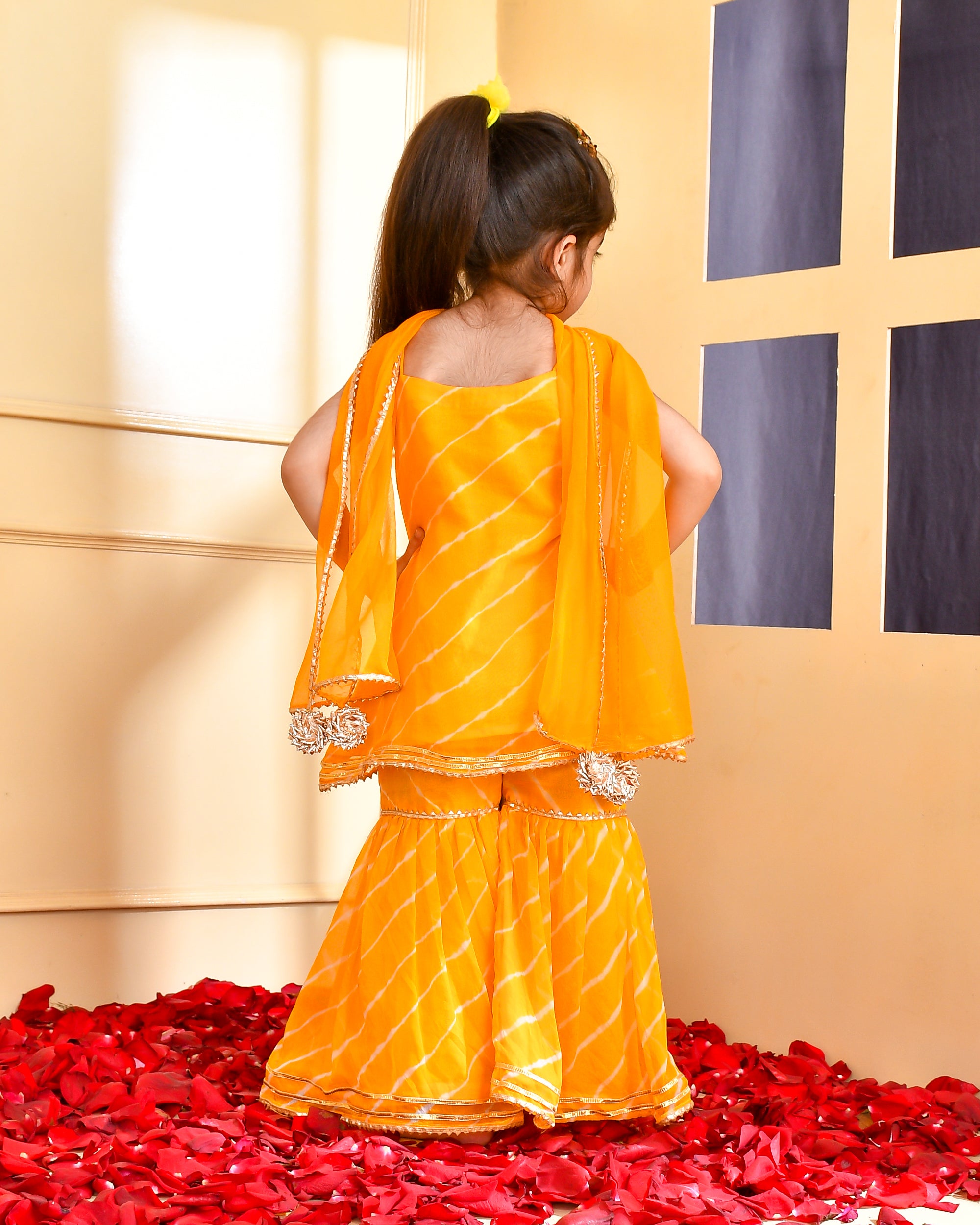 Girl's Yellow Leheriya Kurta Sharara Set