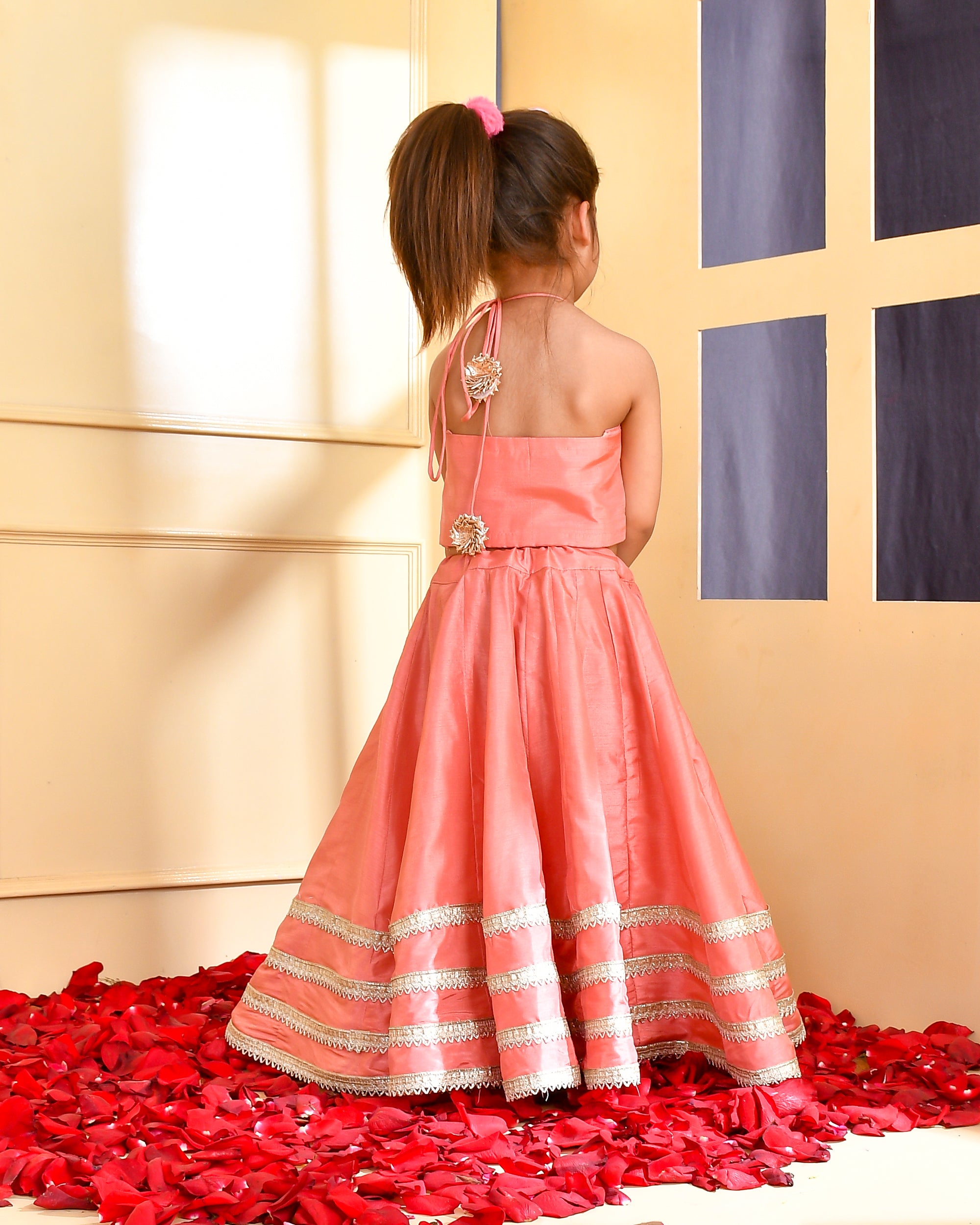 Girl's Peach Silk Lehenga Set