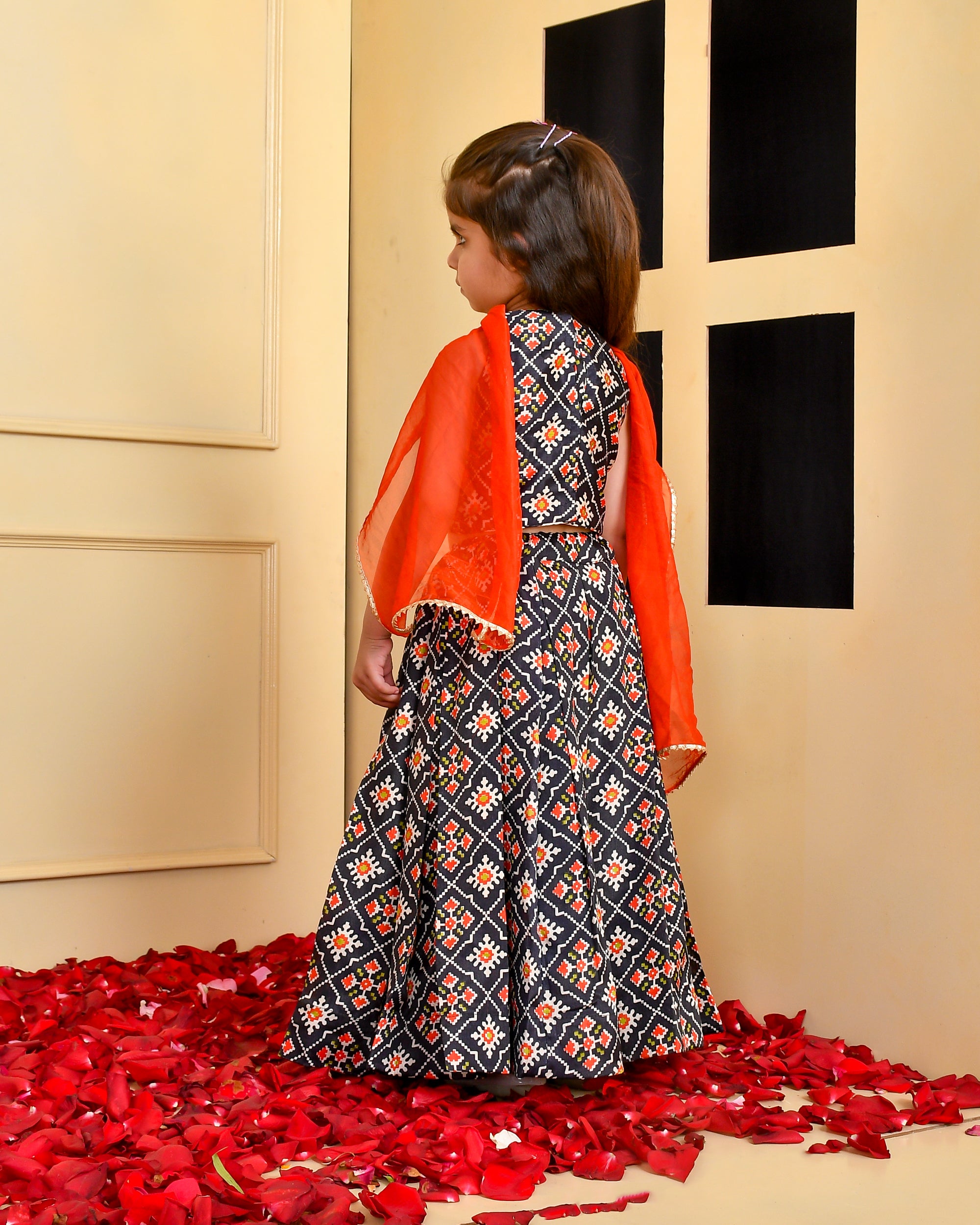 Girl's Black Lehenga Set with Red Dupatta