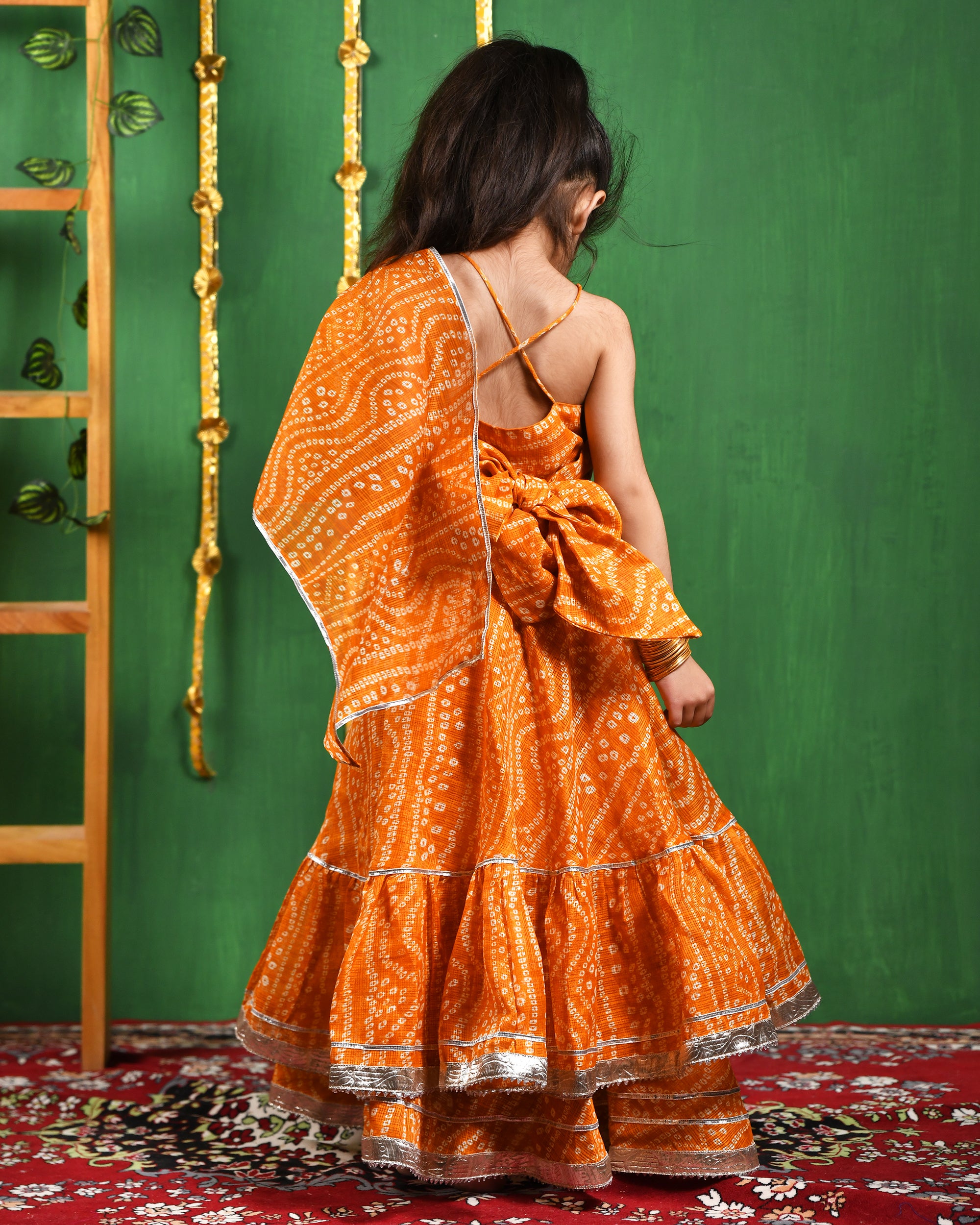 Girl's Mustared Bandhani Lehenga Set