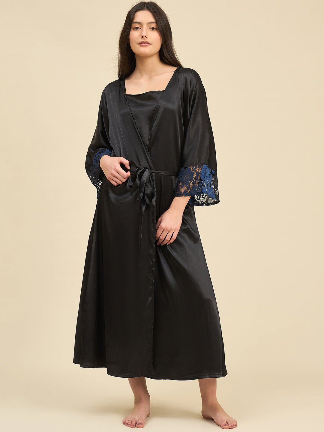 Women's Black Satin Gown Set With Lace Trimmed Negligee And Belted Cover Up Luxe Sleepwear Black / 2XL