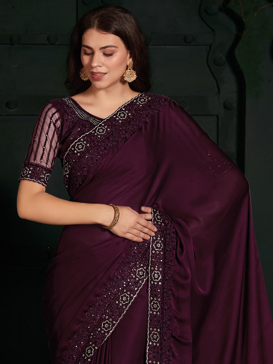 Women's Satin Silk Maroon Embellished Designer Saree With Blouse Piece