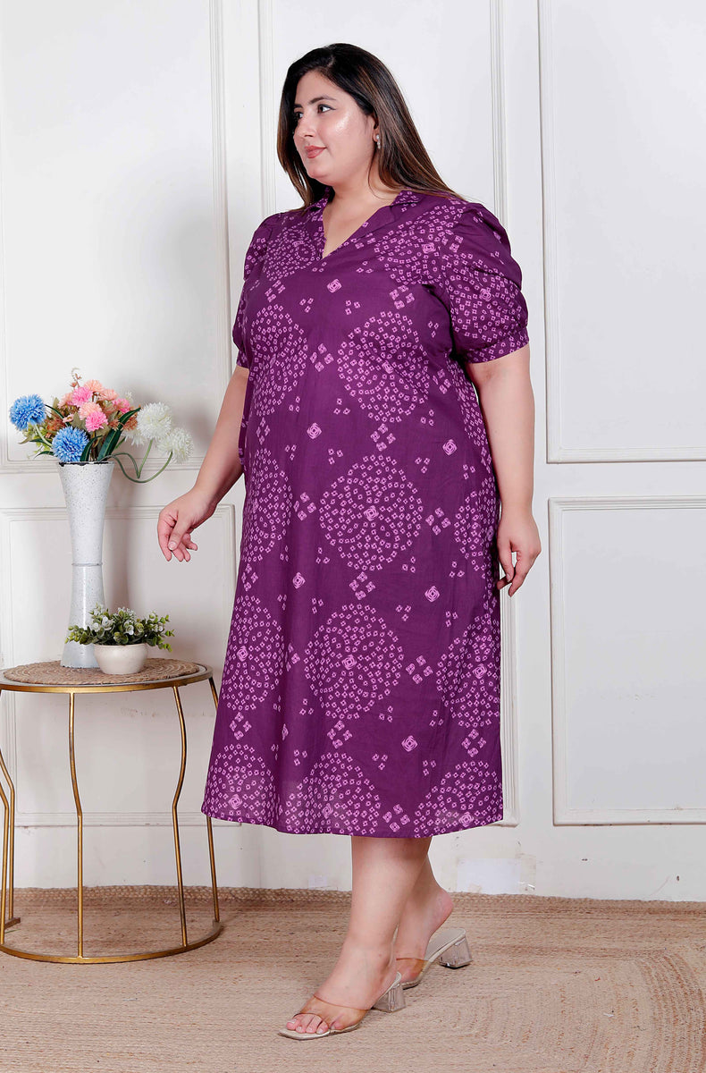 Women's Plus Size Purple Cotton Bandhani Dress Purple / S