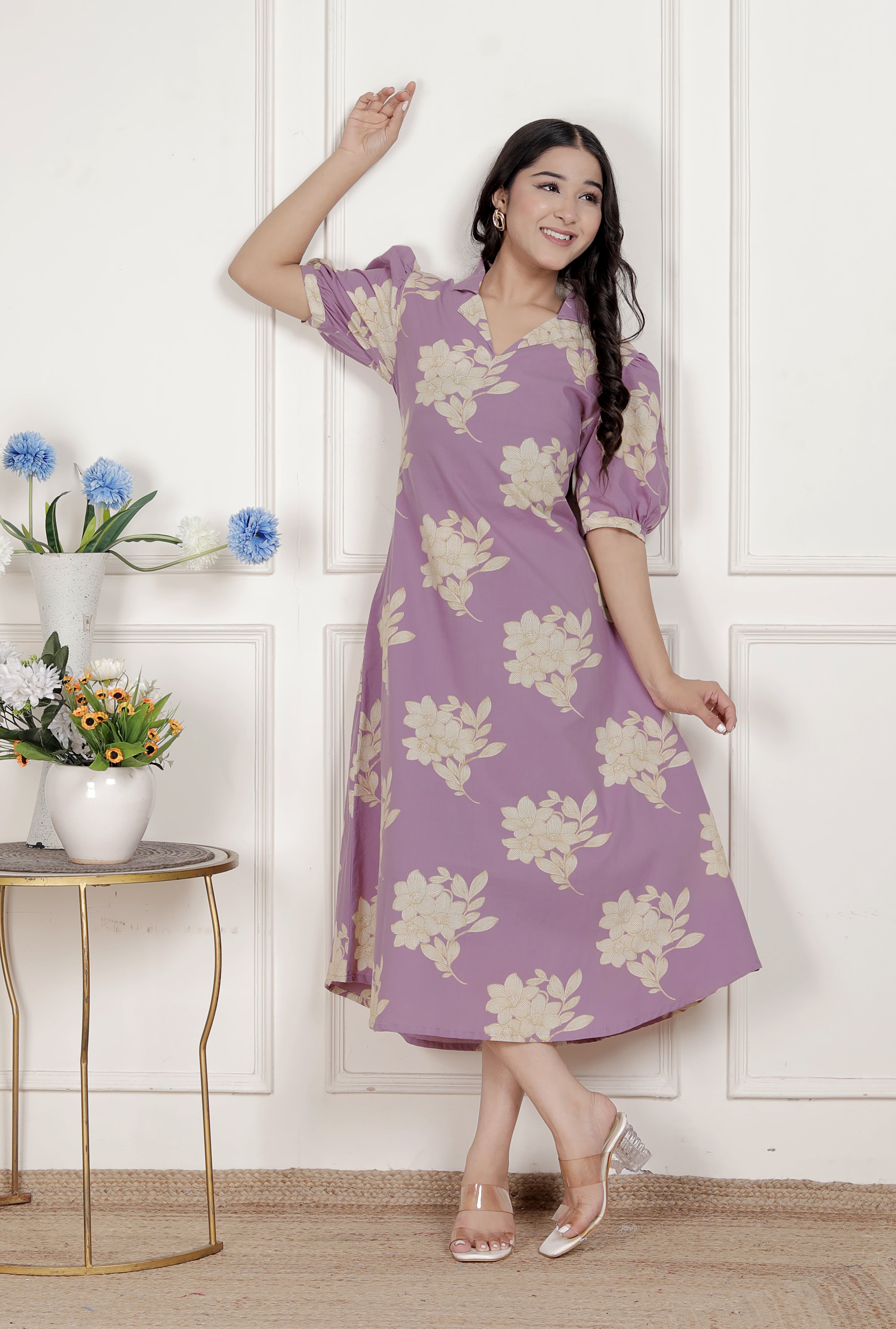 Women's Lavender Cotton Floral Dress, Lavender / S