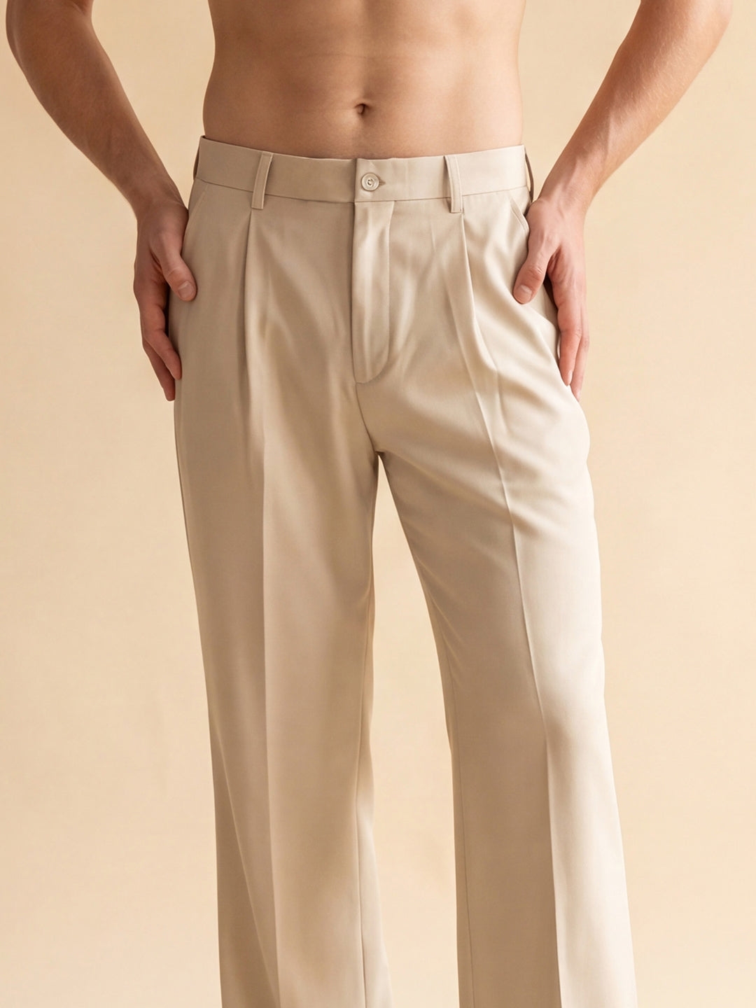 Men's Cream Modal Pleated Straight Trouser