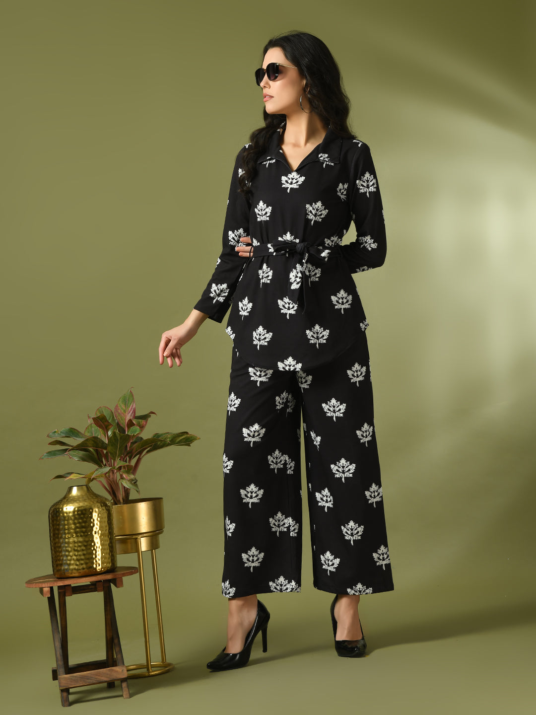 Women's Black Printed Polo Collar Party Top With Trousers Co-Ord Set