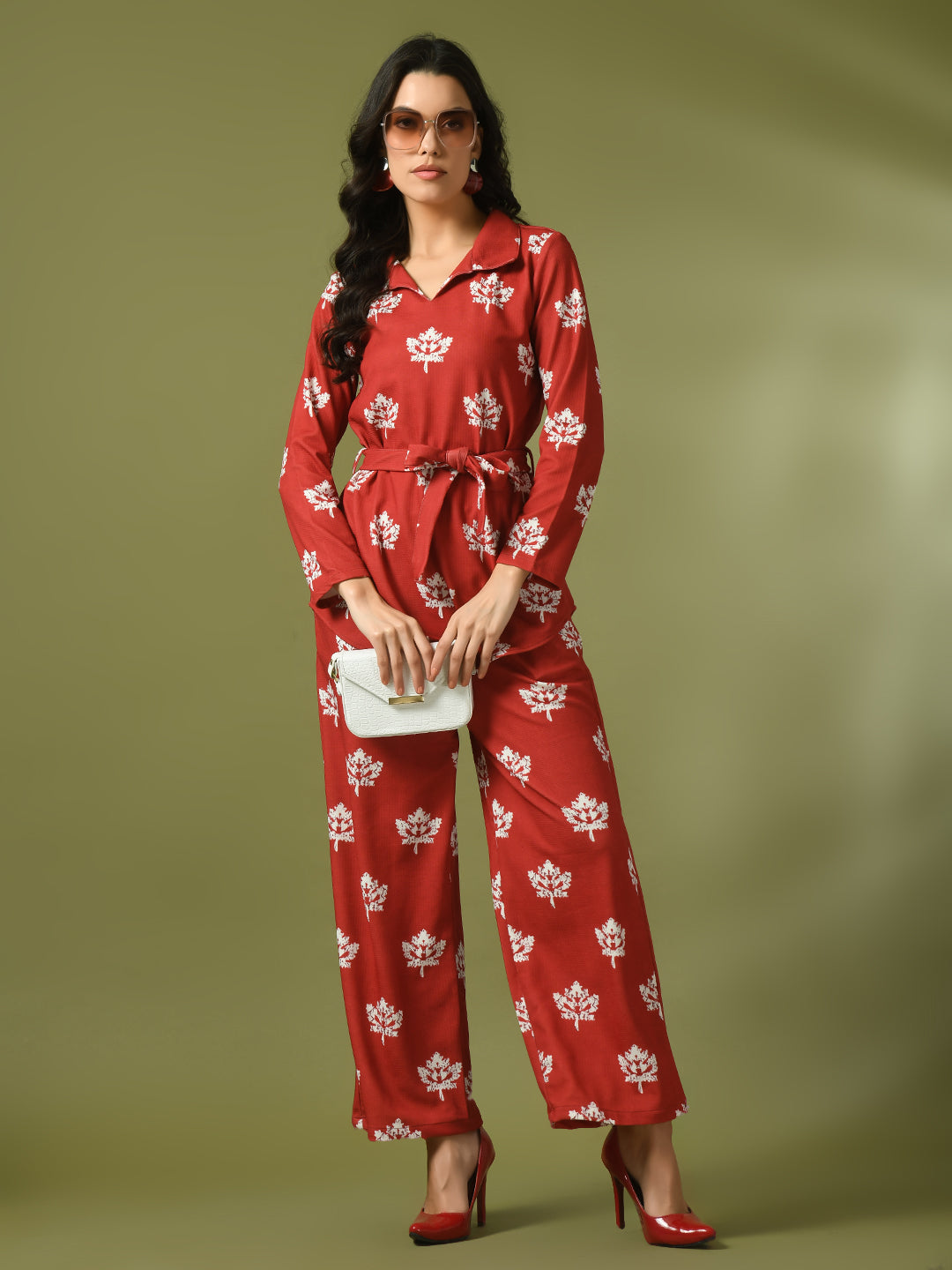 Women's Rust Printed Polo Collar Party Top With Trousers Co-Ord Set
