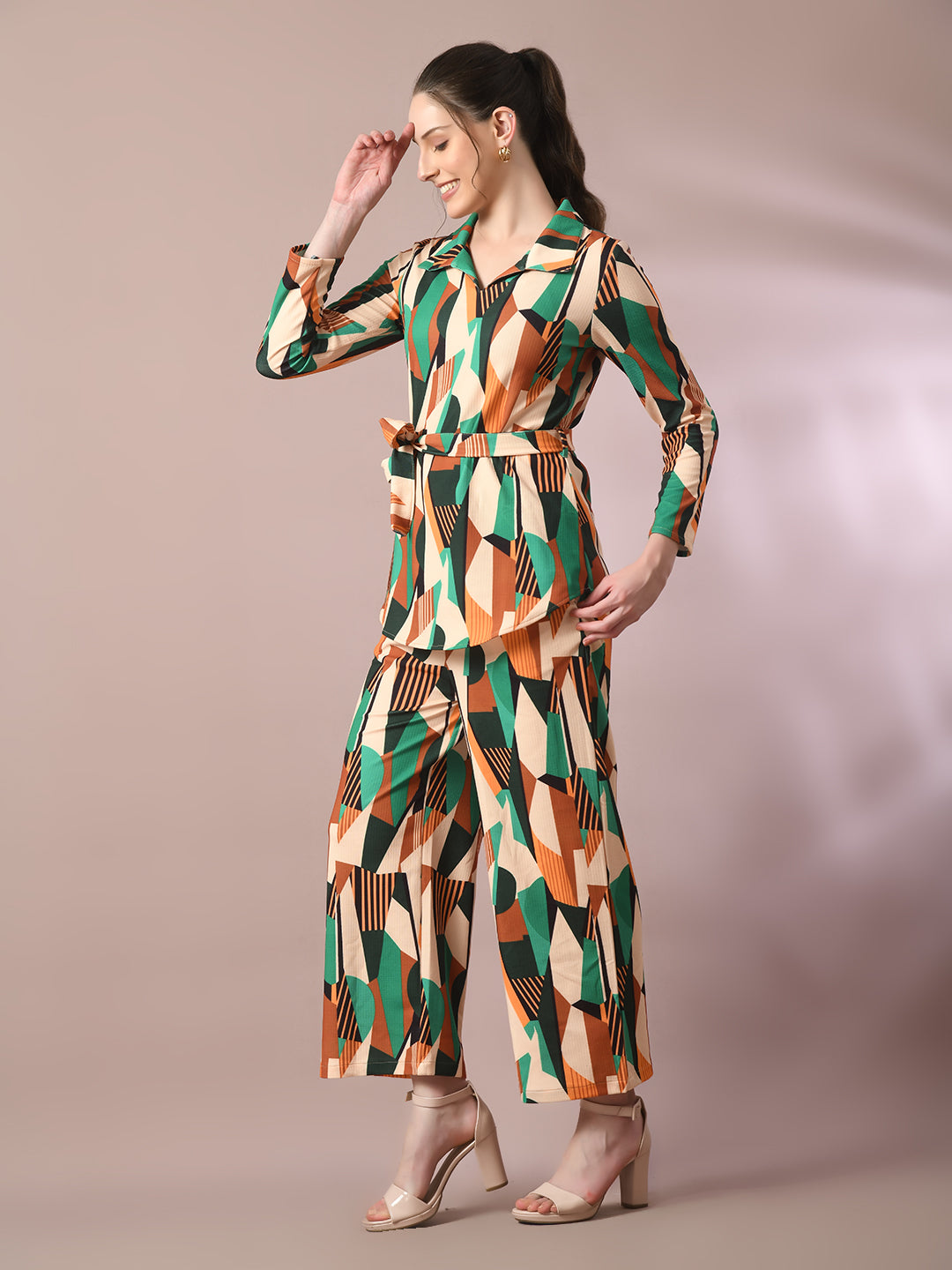 Women's Multi Printed Polo Collar Party Top With Trousers Co-Ord Set