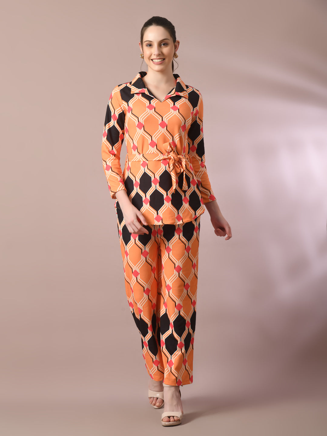 Women's Multi Printed Polo Collar Party Top With Trousers Co-Ord Set