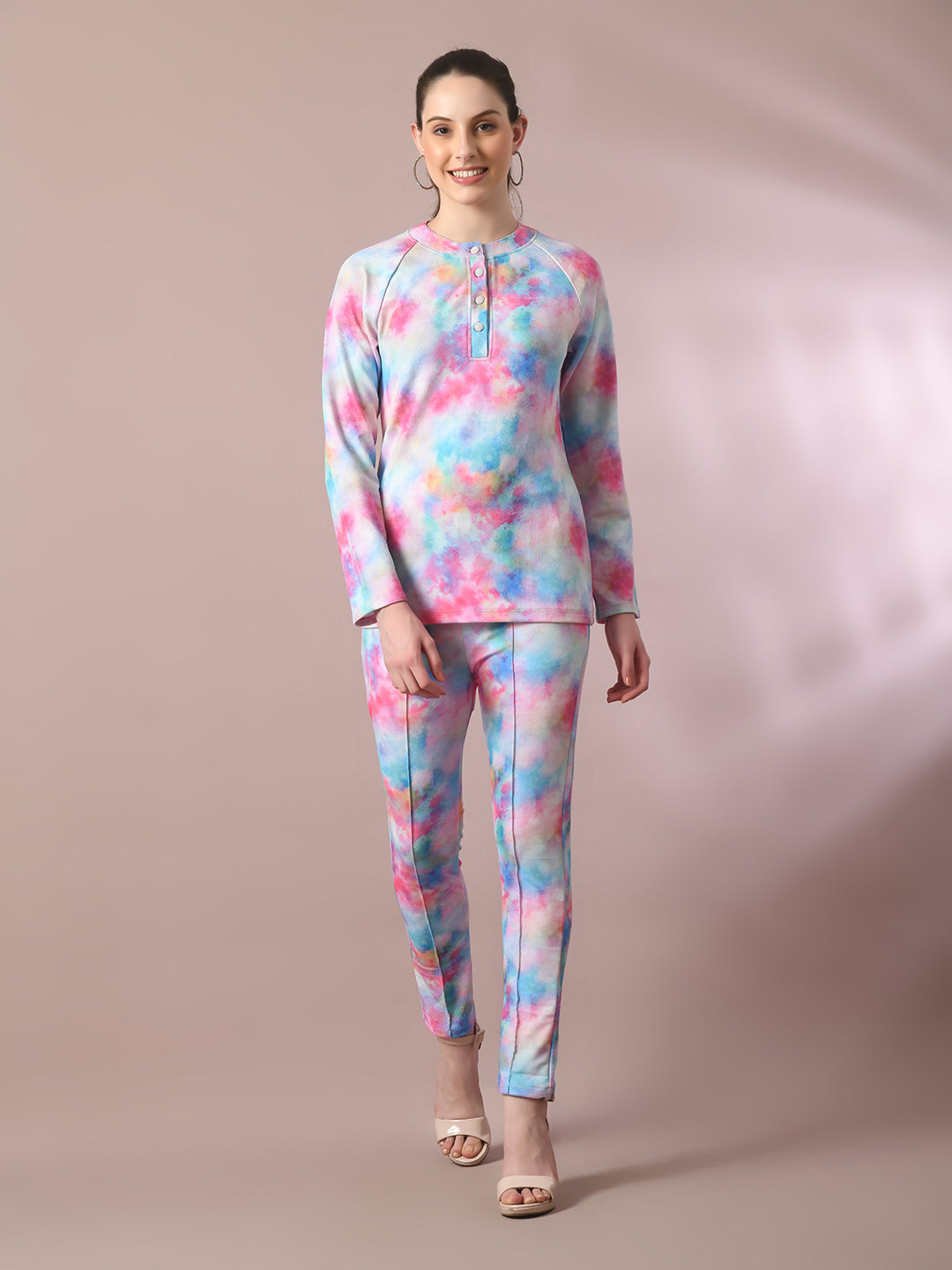 Women's Multi Printed Round Neck Party Top With Trousers Co-Ord Set