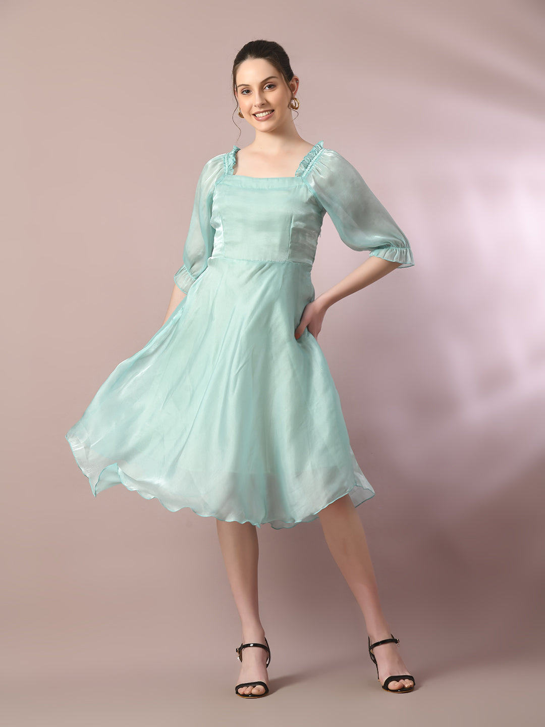 Women's Sea Green Solid Square Neck Fit And Flare Party Dress