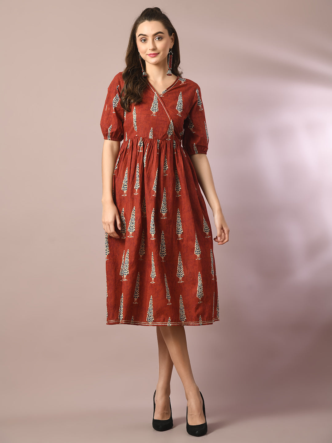 Women's Rust Printed Cotton V-Neck Empire Party Dress