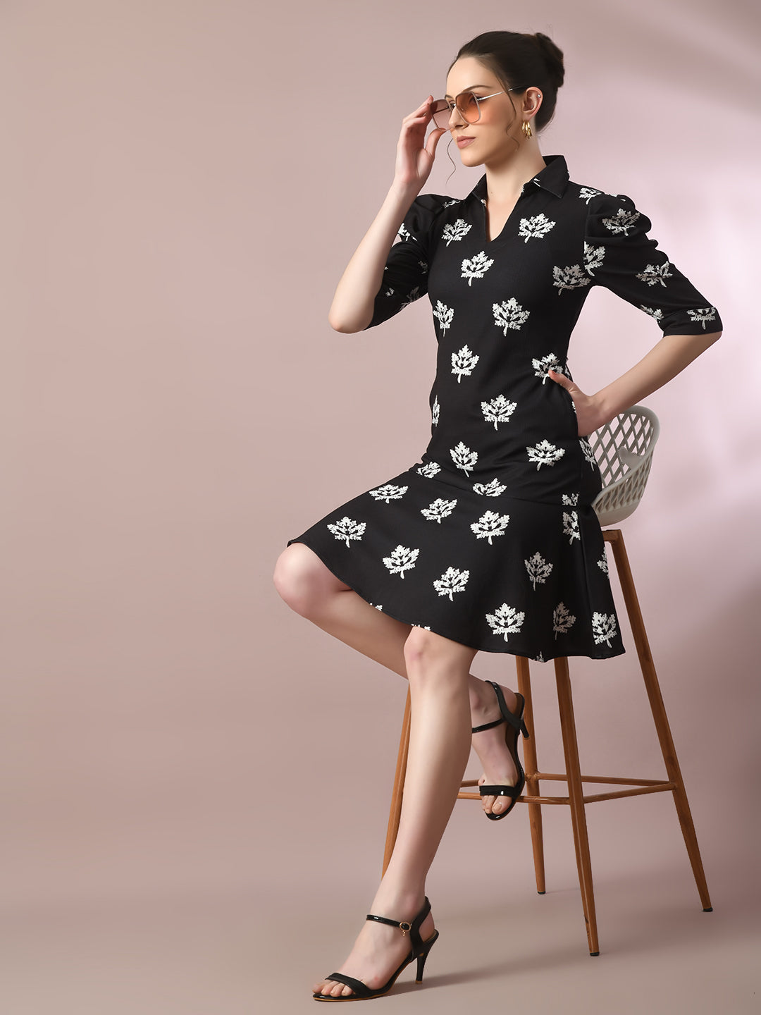 Women's Black Printed Shirt Collar Fit And Flare Party Dress