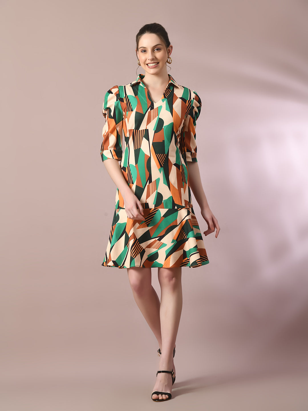 Women's Multi Printed Shirt Collar Fit And Flare Party Dress
