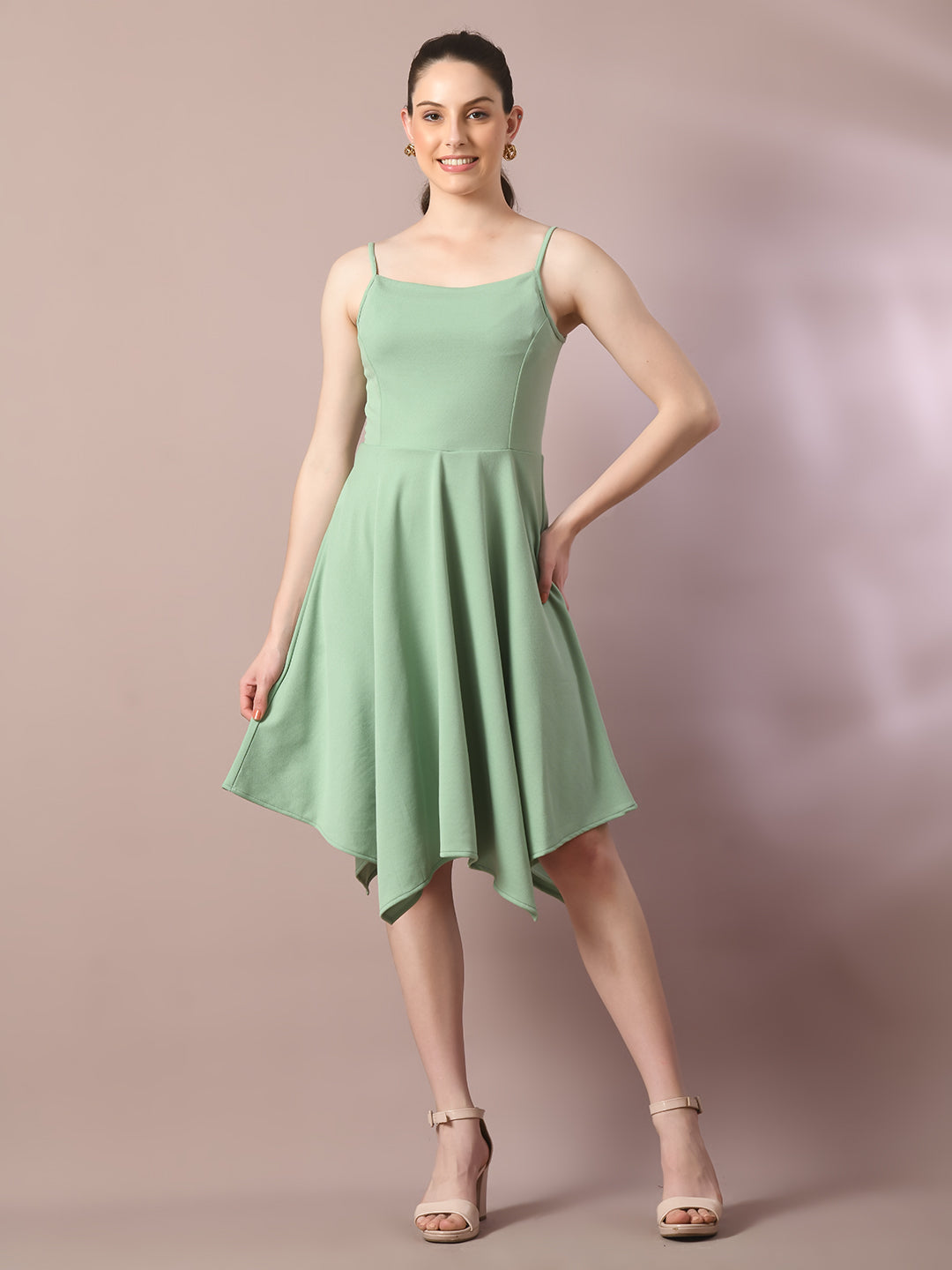Women's Sea Green Solid Shoulder Straps Fit And Flare Party Dress