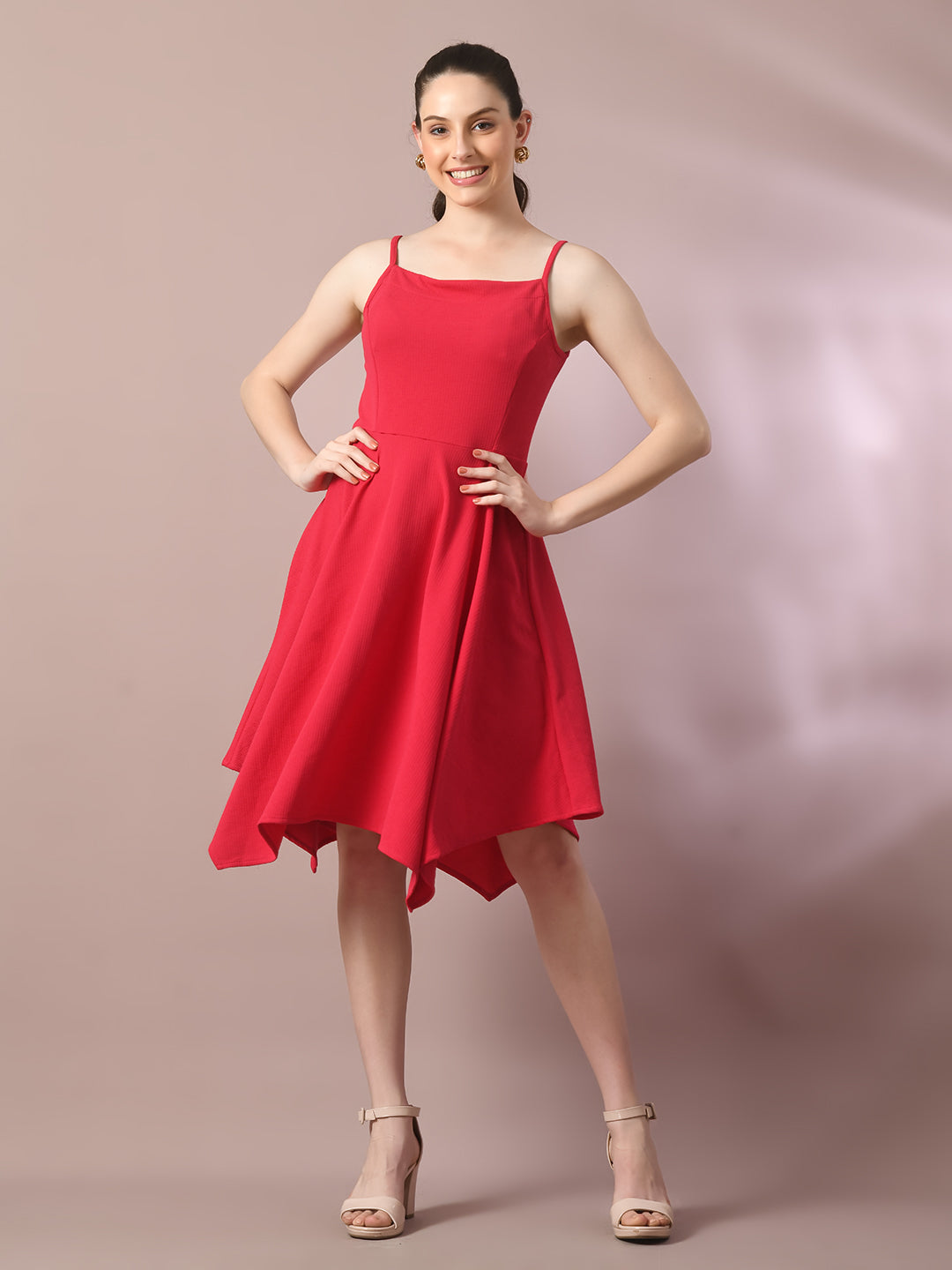Women's Pink Solid Shoulder Straps Fit And Flare Party Dress