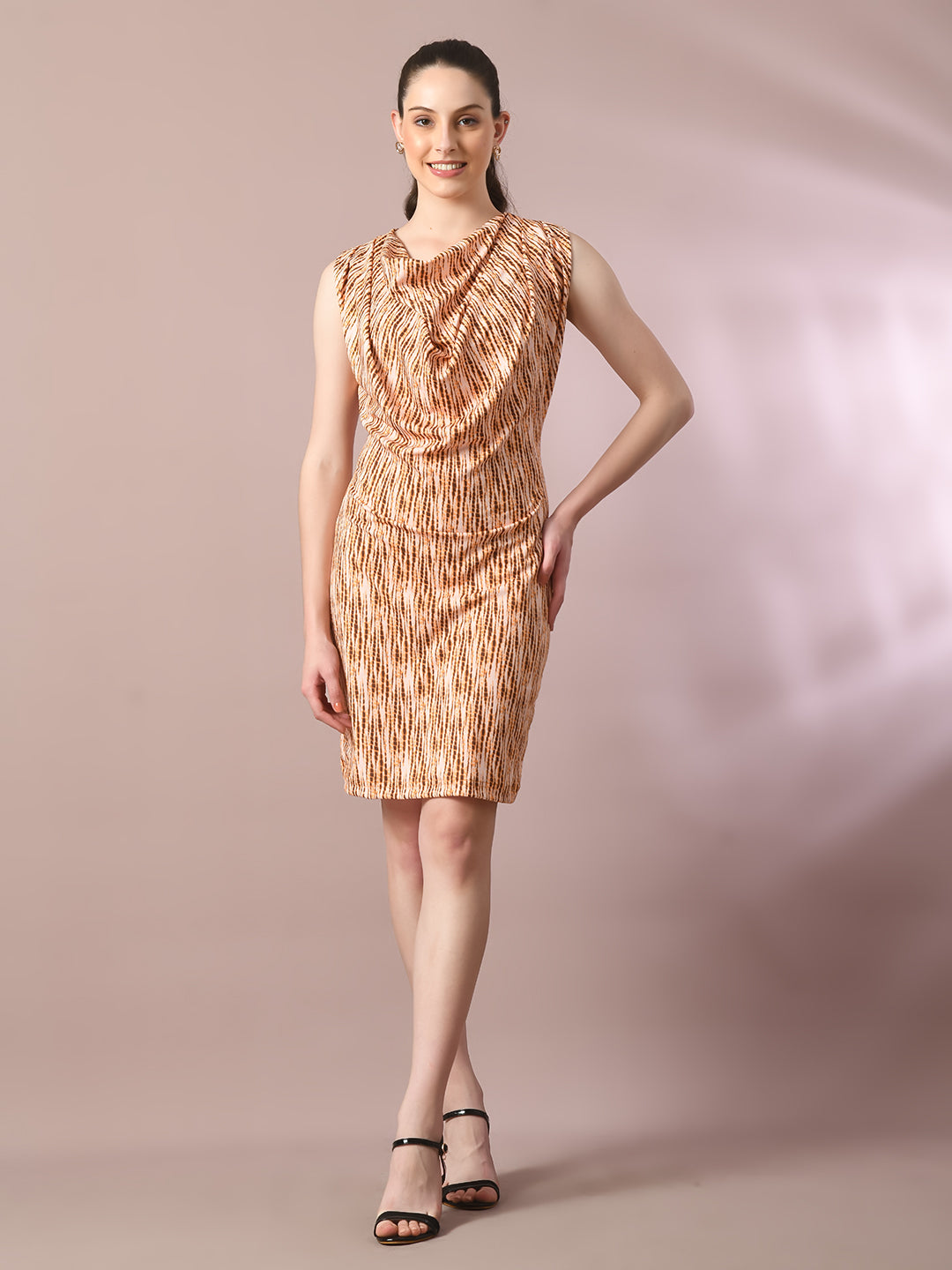 Women's Multi Printed Cowl Neck Bodycon Party Dress