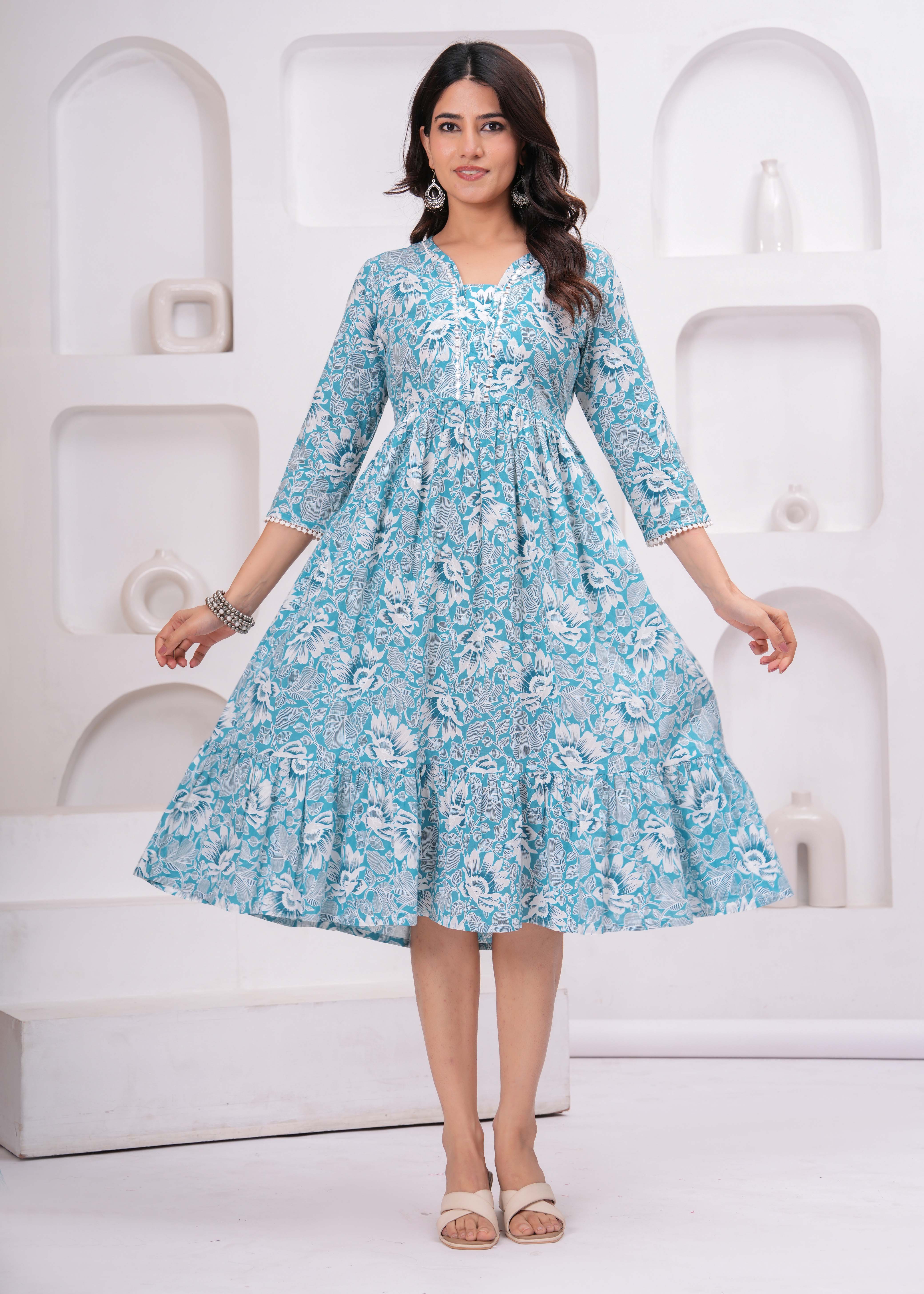 Women's Floral Printed Sky Blue Pure Cotton Fit & Flare Ethnic Dress Blue / XXL