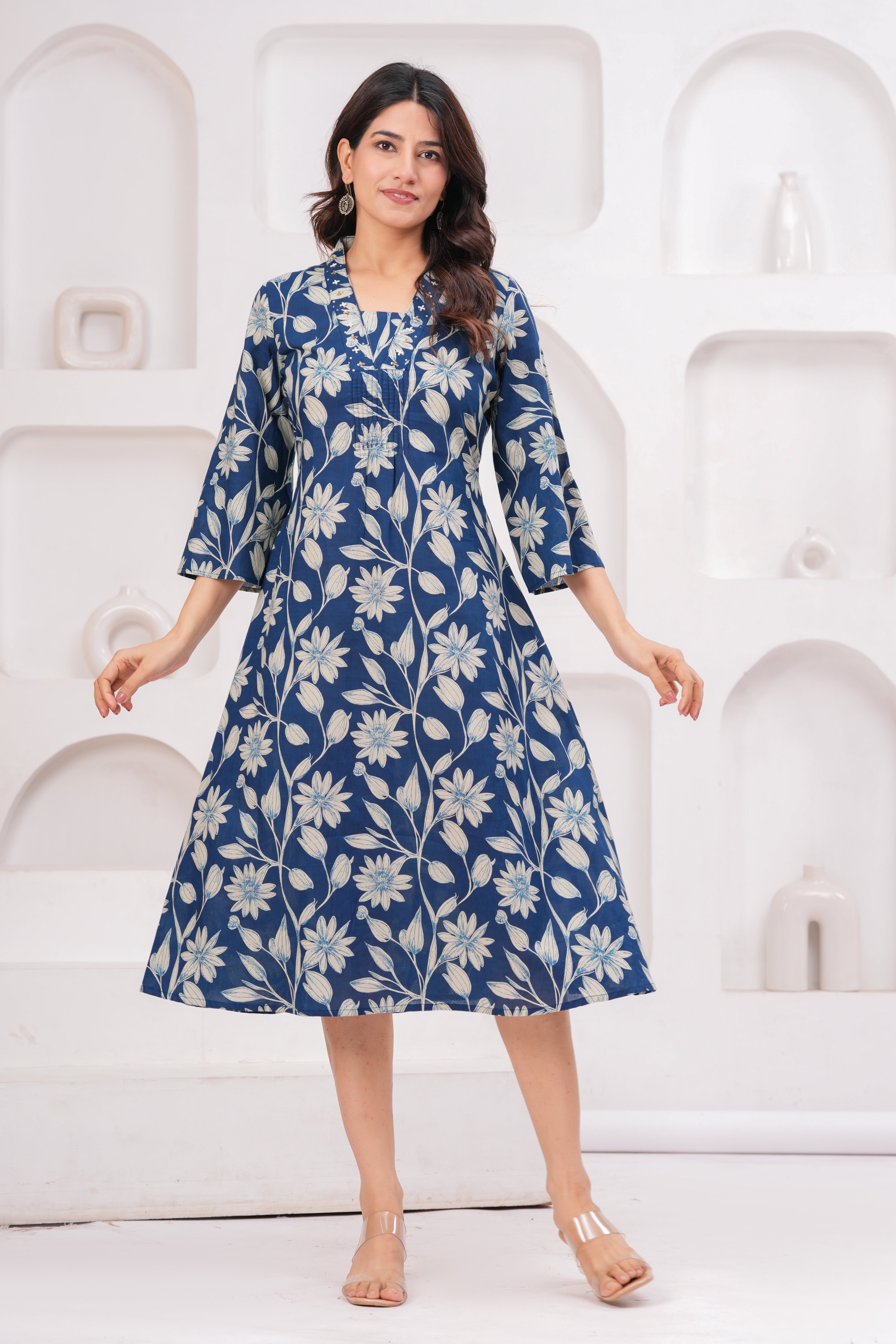 Women's Printed Blue Pure Cotton Regular Ethnic Dress