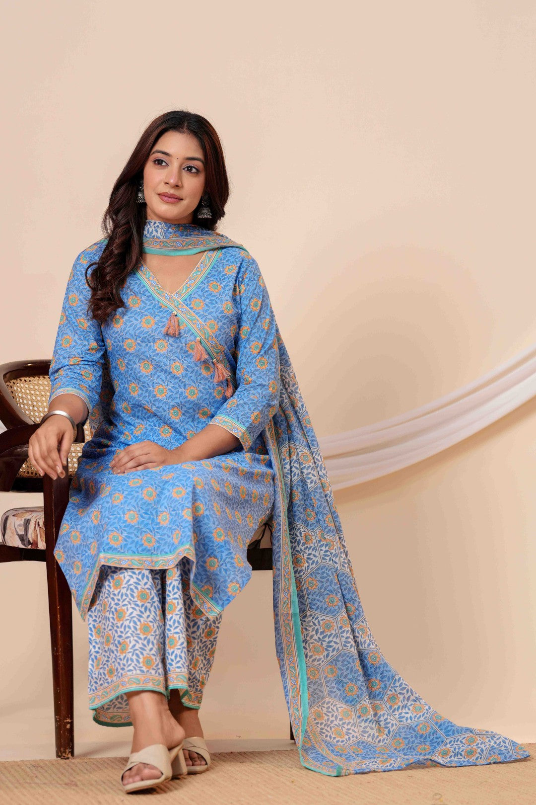 Women's Blue Angrakha Printed Cotton Kurta Pant And Dupatta Set