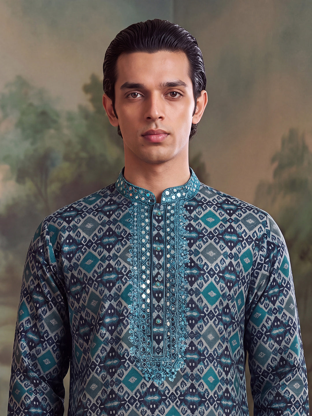 Men's Sea Green Silk Blend Ethnic Motifs Ikat Printed Kurta With Trouser