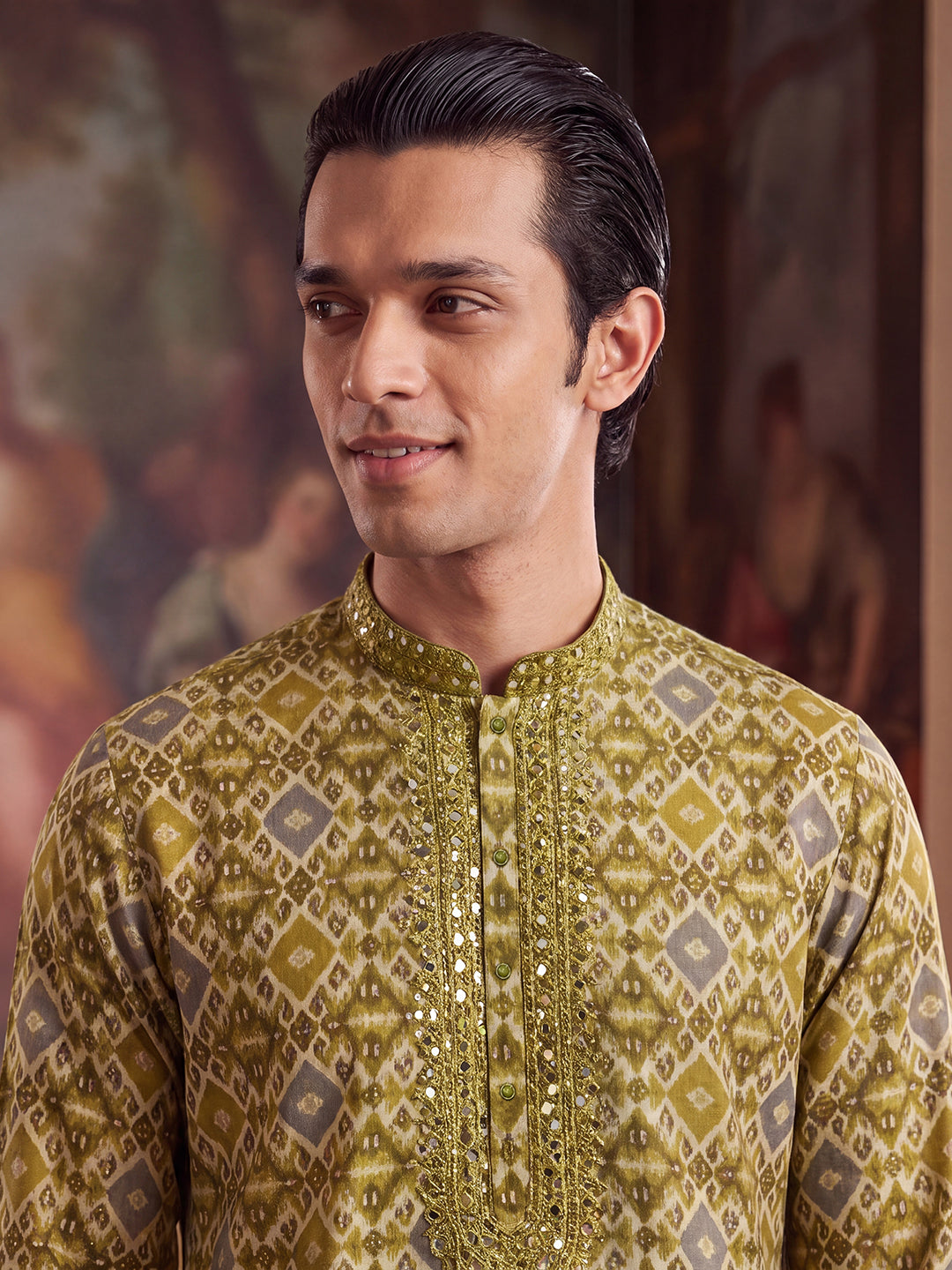 Men's Green Silk Blend Ethnic Motifs Ikat Printed Kurta With Trouser