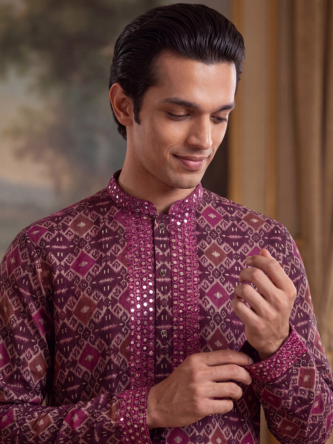 Men's Purple Silk Blend Ethnic Motifs Ikat Printed Kurta With Trouser