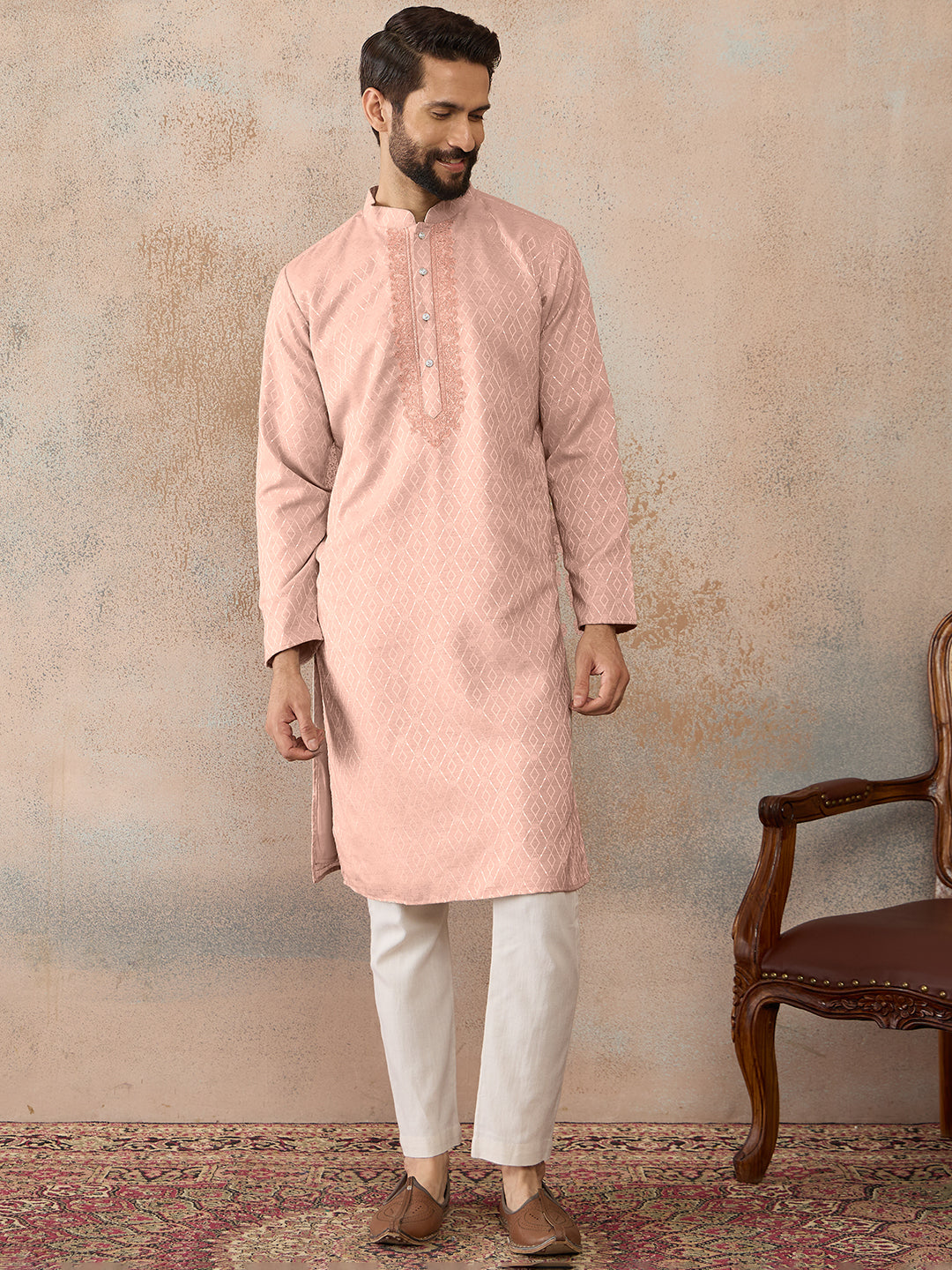 Men's Peach Linen Blend Geometric Woven Design Kurta With Trouser