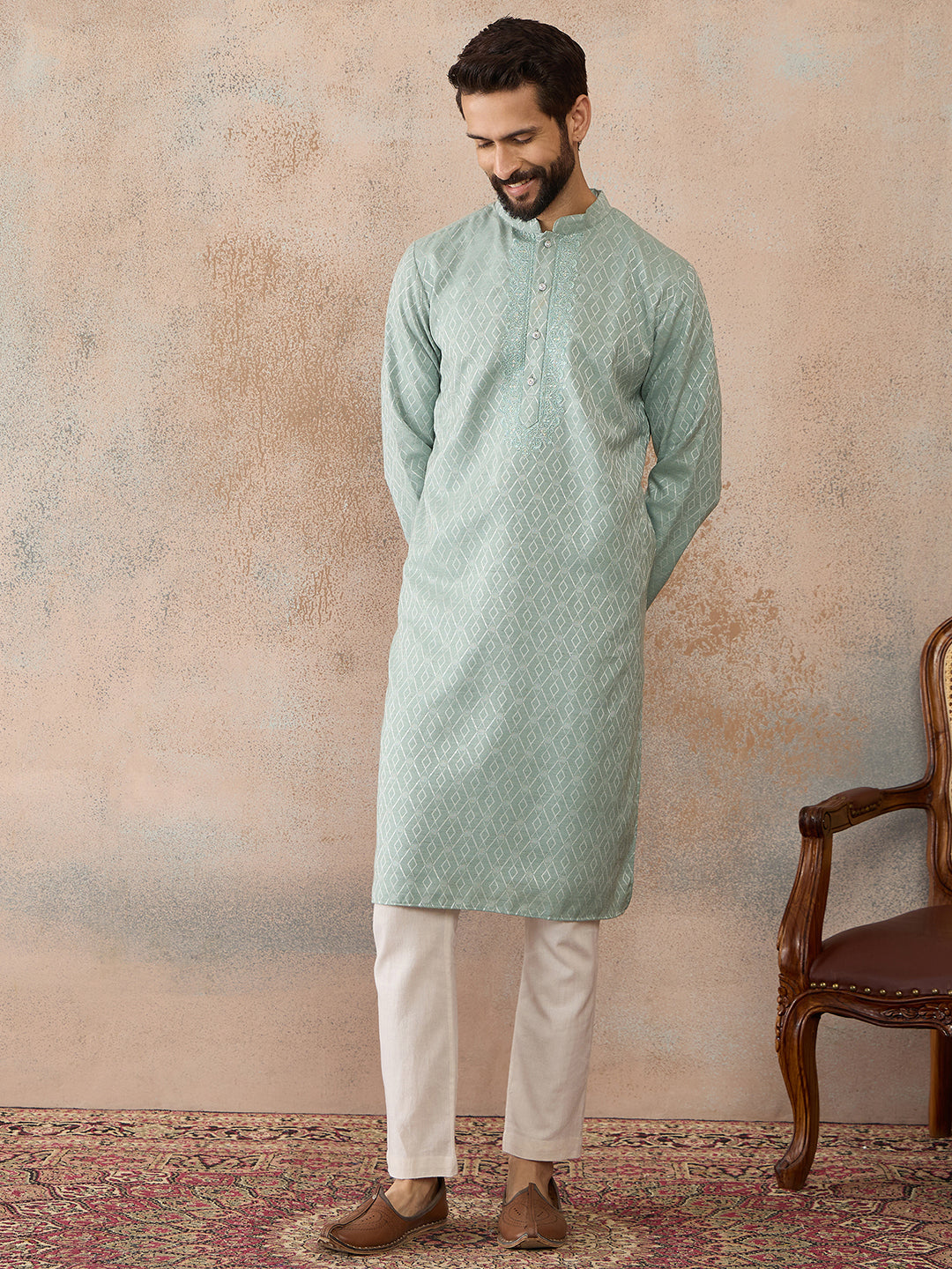 Men's Green Linen Blend Geometric Woven Design Kurta With Trouser