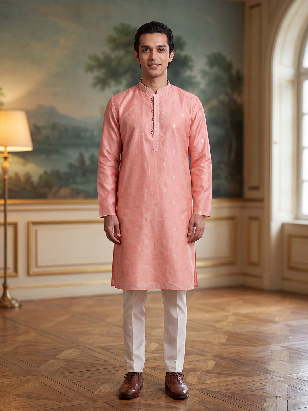 Men's Pink Jacquard Ethnic Motifs Woven Design Kurta With Trouser