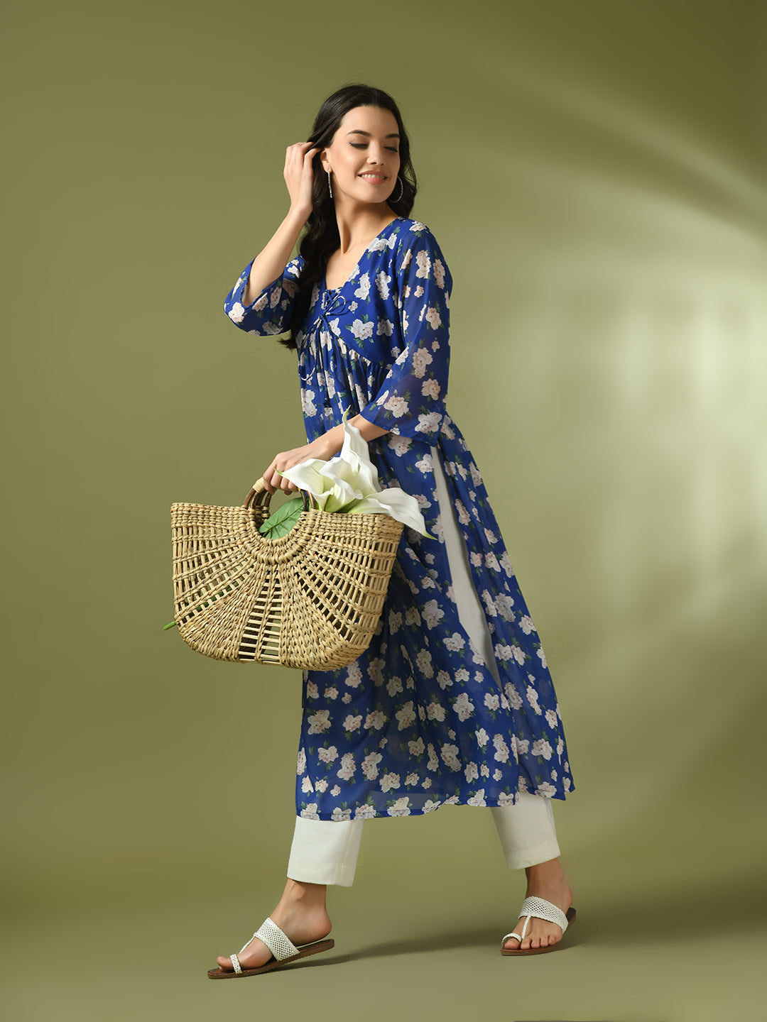 Women's Blue Printed Georgette A-Line Nyra-Cut Kurta