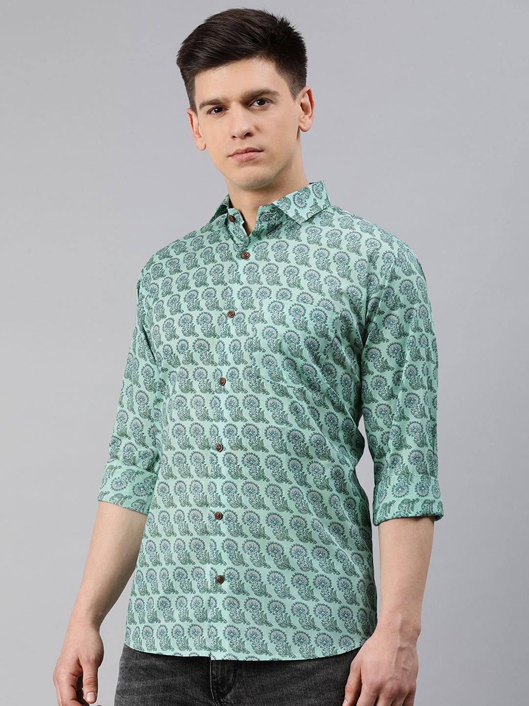 Men's Sea Green Cotton Full Sleeves Shirts For Men
