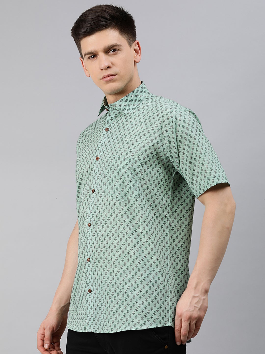Men's Sea Green Cotton Short Sleeves Shirts For Men