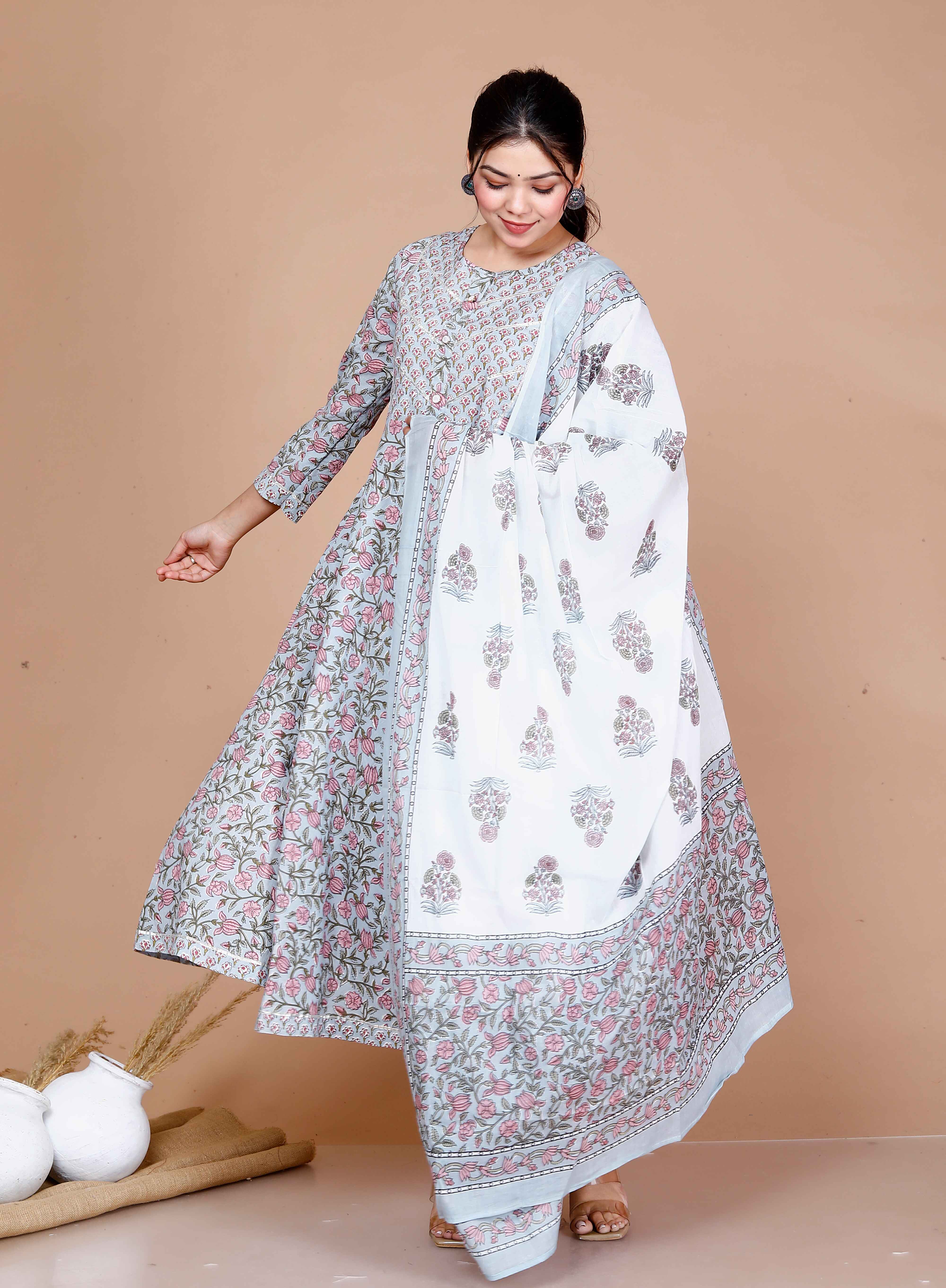 Women'S Plus Size Blue Printed With Gota Patti Work Anarkali Kurta With Dupatta