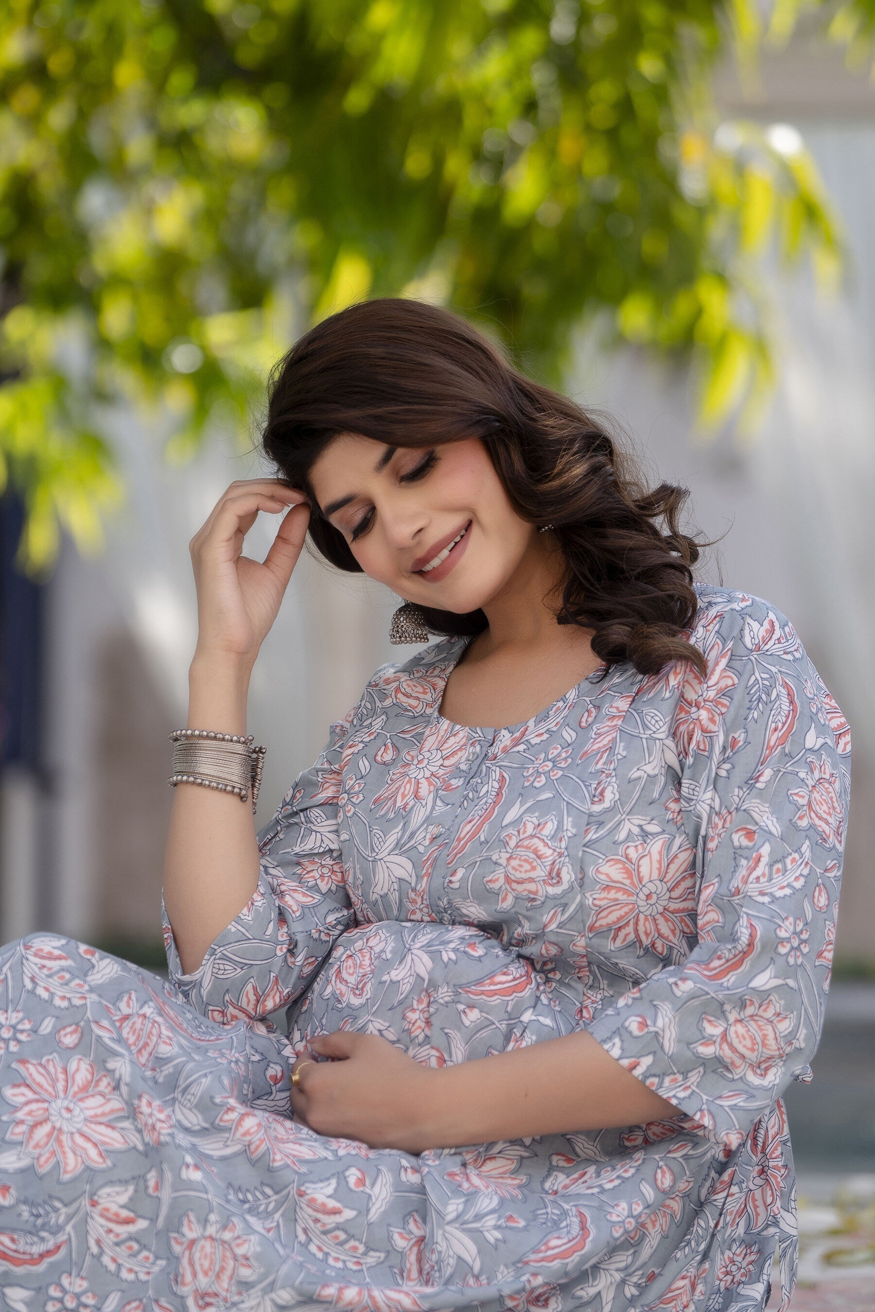 Women's Grey Floral Printed Maternity Dress