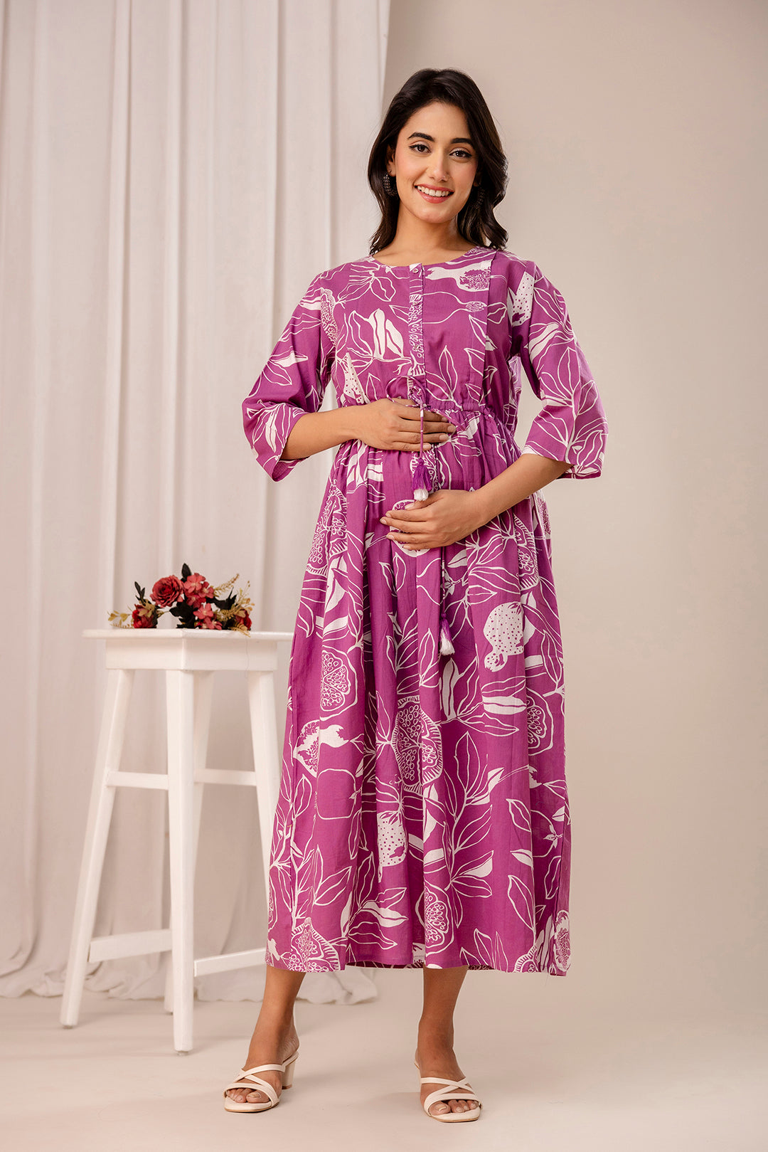 lavender cotton dress Lavender Cotton-Linen Cinched Waist Flared Maxi Dress 28" / Petite (5'1" and below)