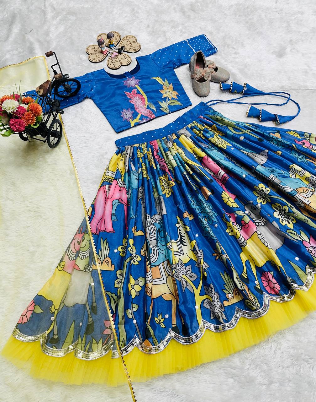 Girl's Blue Art Silk Jacquard Kurta Pant Set With Dupatta