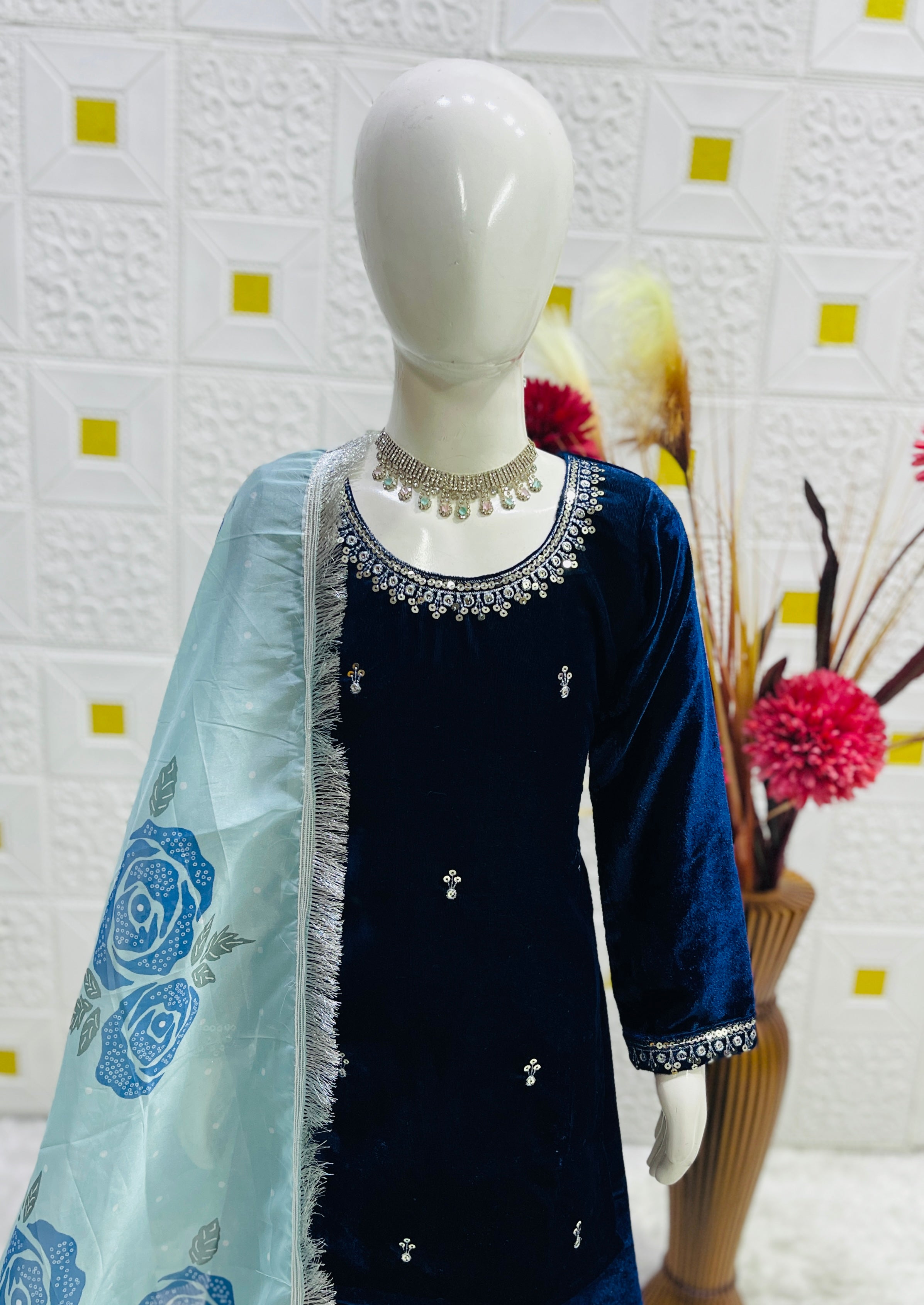 Girl's Blue Art Silk Jacquard Kurta Pant Set With Dupatta