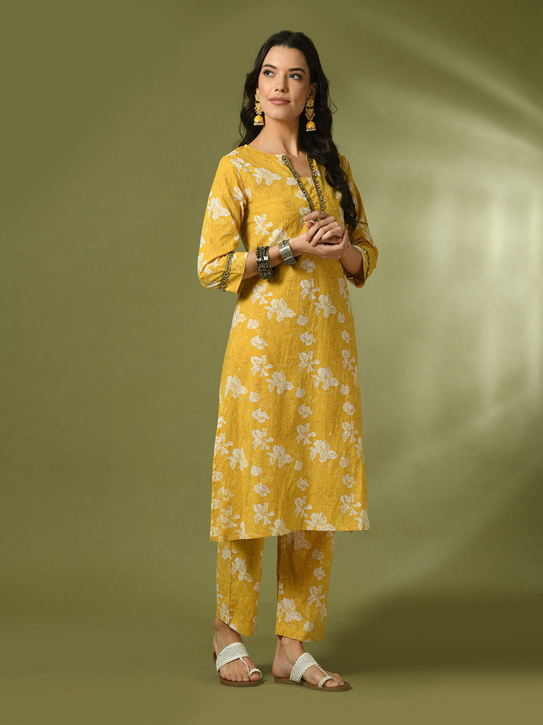 Women's Yellow Printed Cotton Straight Party Kurta Sets