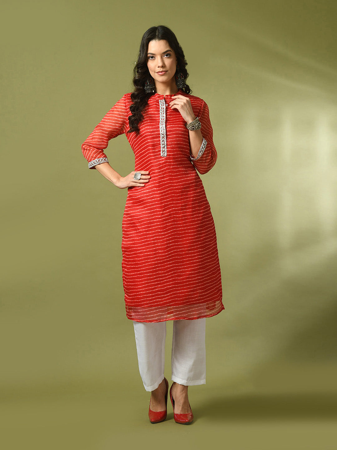 Women's Red Printed Cotton Blend Straight Party Kurta Sets