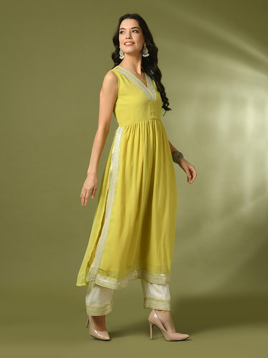 Women's Yellow Solid Georgette Anarkali Party Kurta Sets