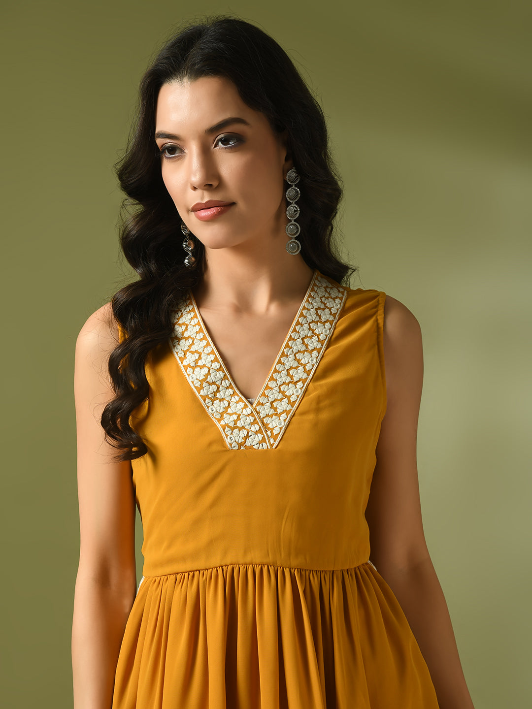 Women's Yellow Solid Georgette Anarkali Party Kurta Sets