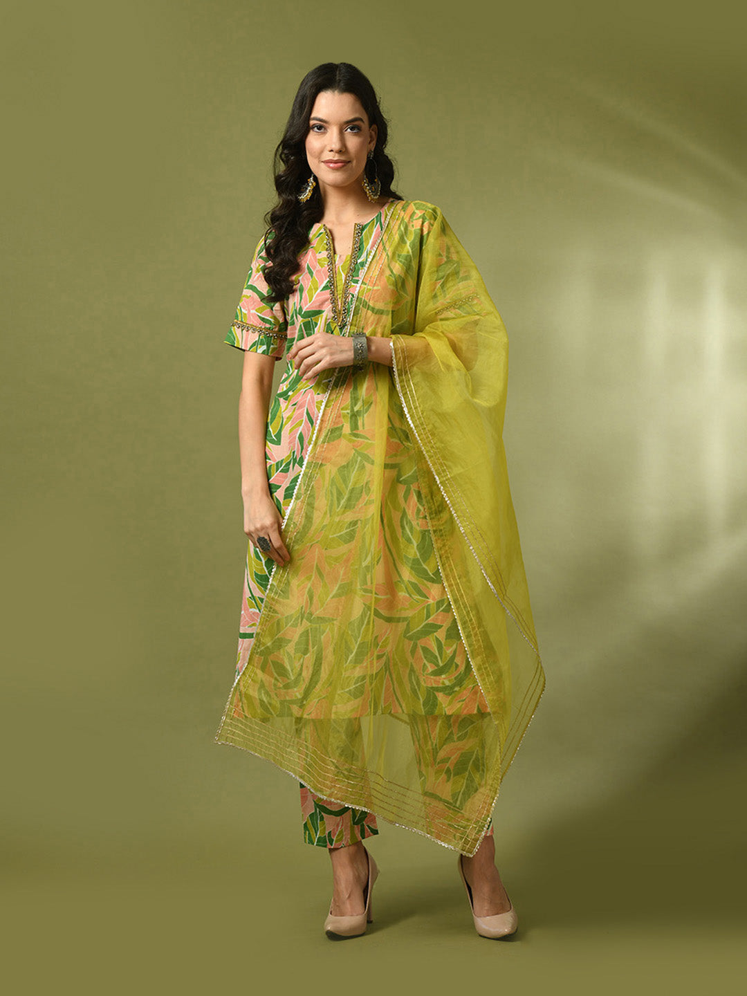 Women's Multi Printed Cotton Straight Party Kurta Sets With Dupatta