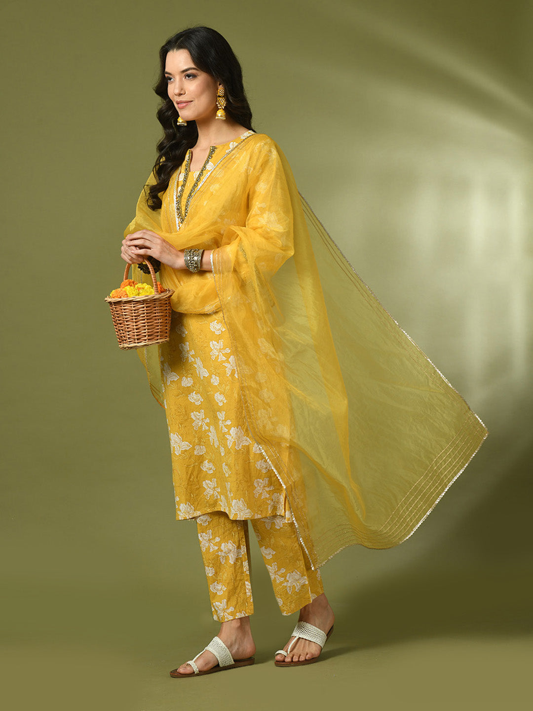 Women's Yellow Printed Cotton Straight Party Kurta Sets With Dupatta