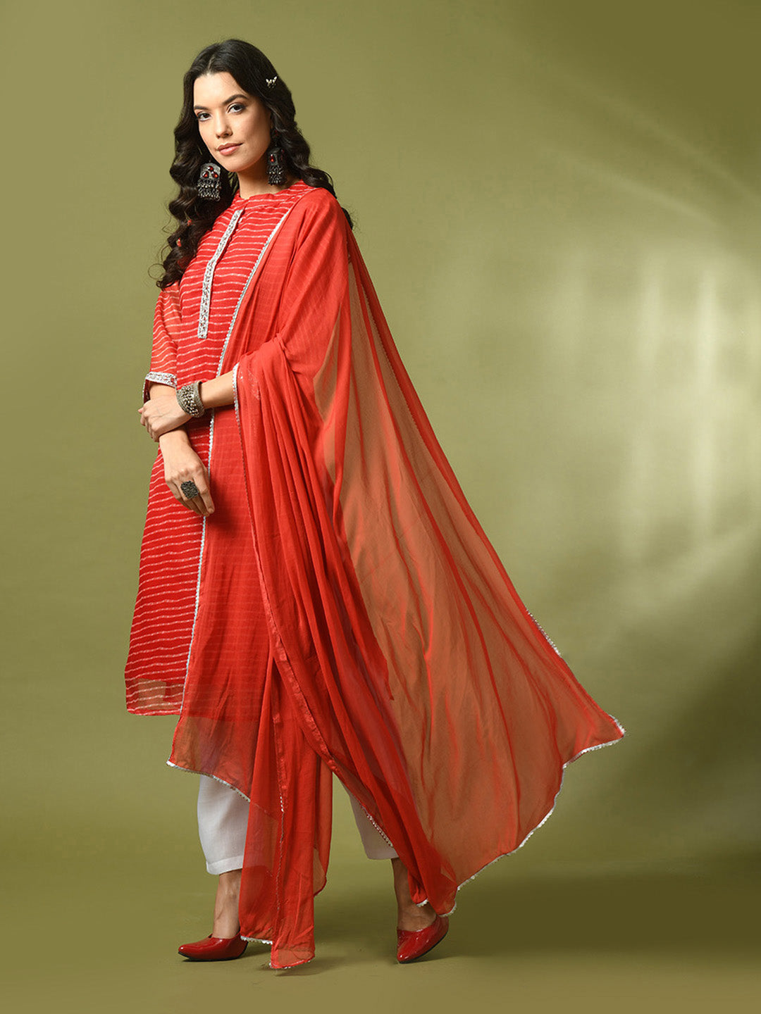 Women's Red Printed Kota Straight Party Kurta Sets With Dupatta