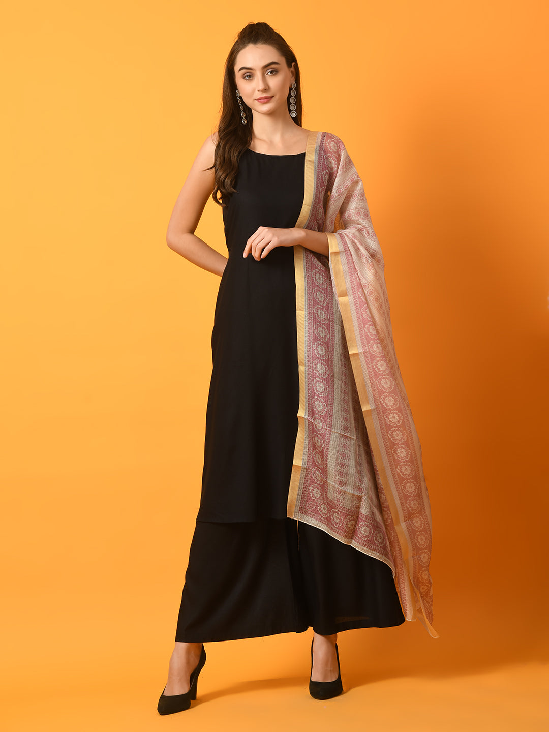 Women's Black Solid Anarkali Party Kurta Sets With Printed Dupatta