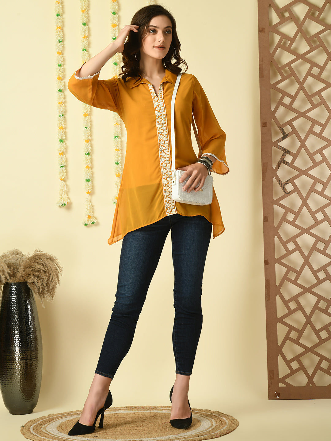 Women's Mustard Embroidered Party Fusion Top