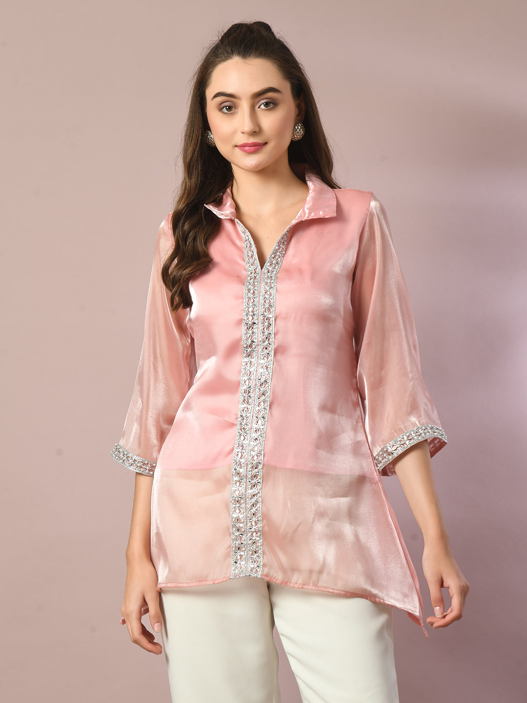 Women's Pink Solid Longline Party Tunic
