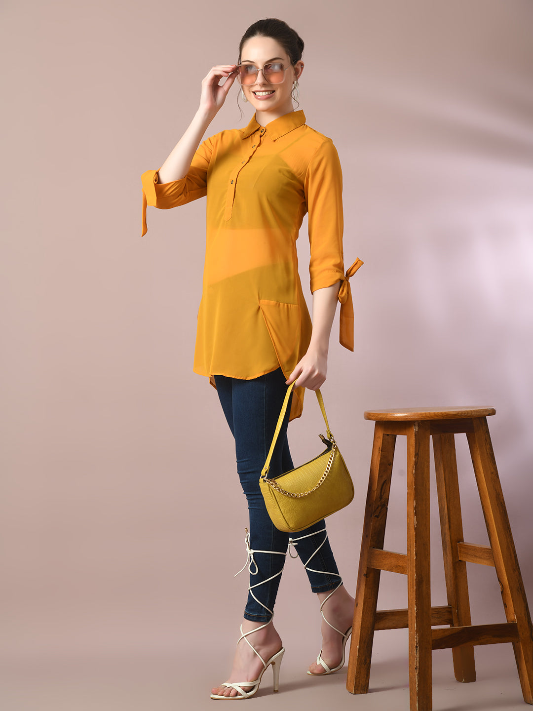 Women's Yellow Solid Georgette Longline Party Sheer Tunic